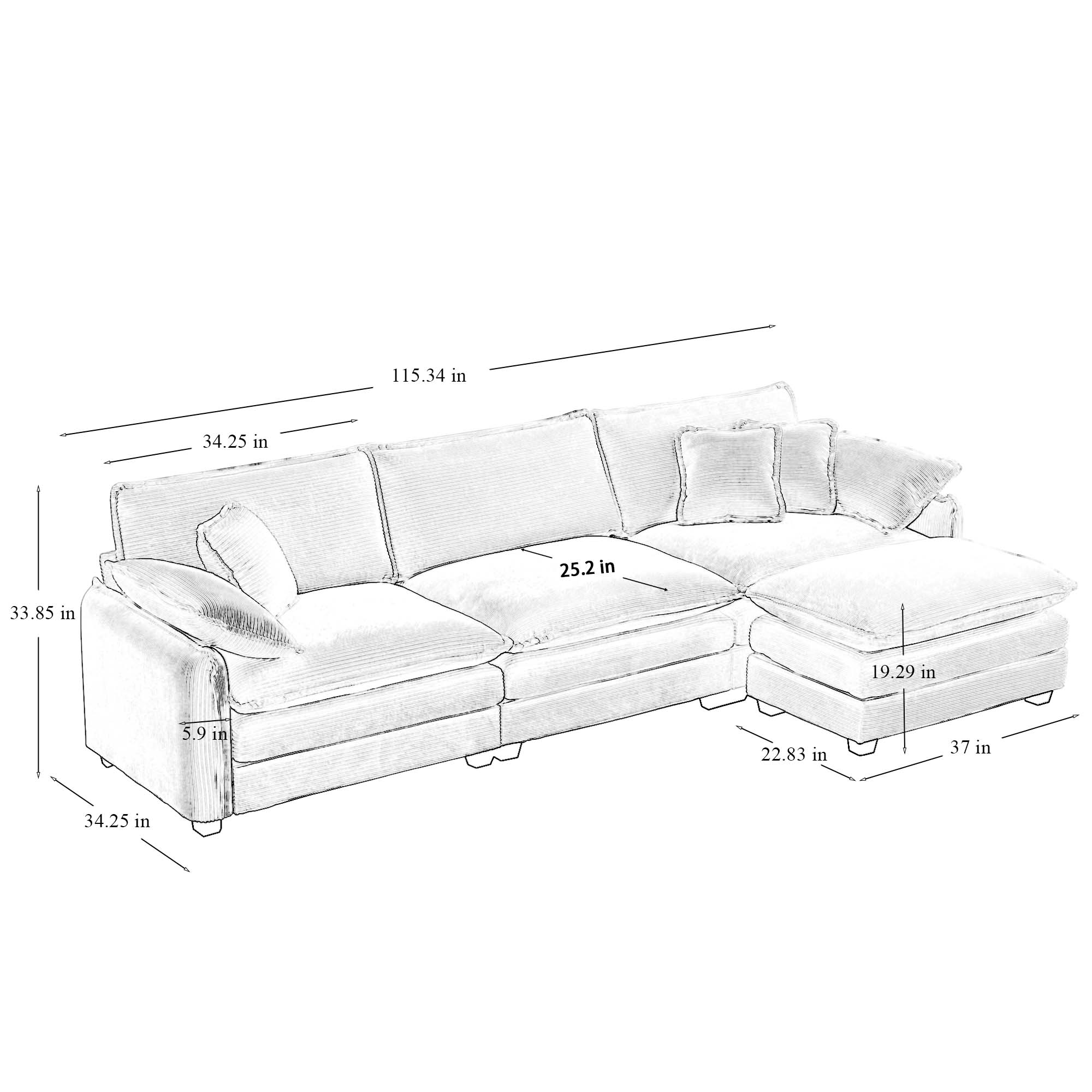 Oversize 3-seater sofa with One footrest, L-shaped Sectional sofa with ottoman for living rooms,Green corduroy sofa