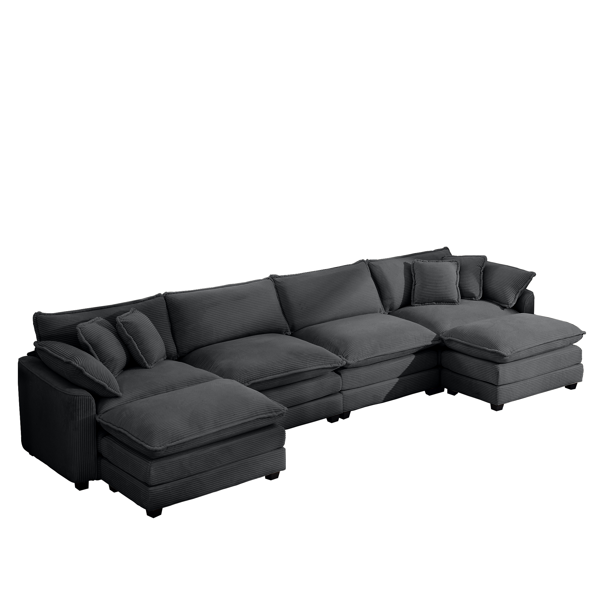 Corduroy Sofa , Modern Upholstered 4 Seater with 3 Footstools Corduroy Fabric Sofa , Office Living Room Apartment Comfortable Sofa, Easy to Assemble with 2 Arm Pillows and 4 Throw Pillows