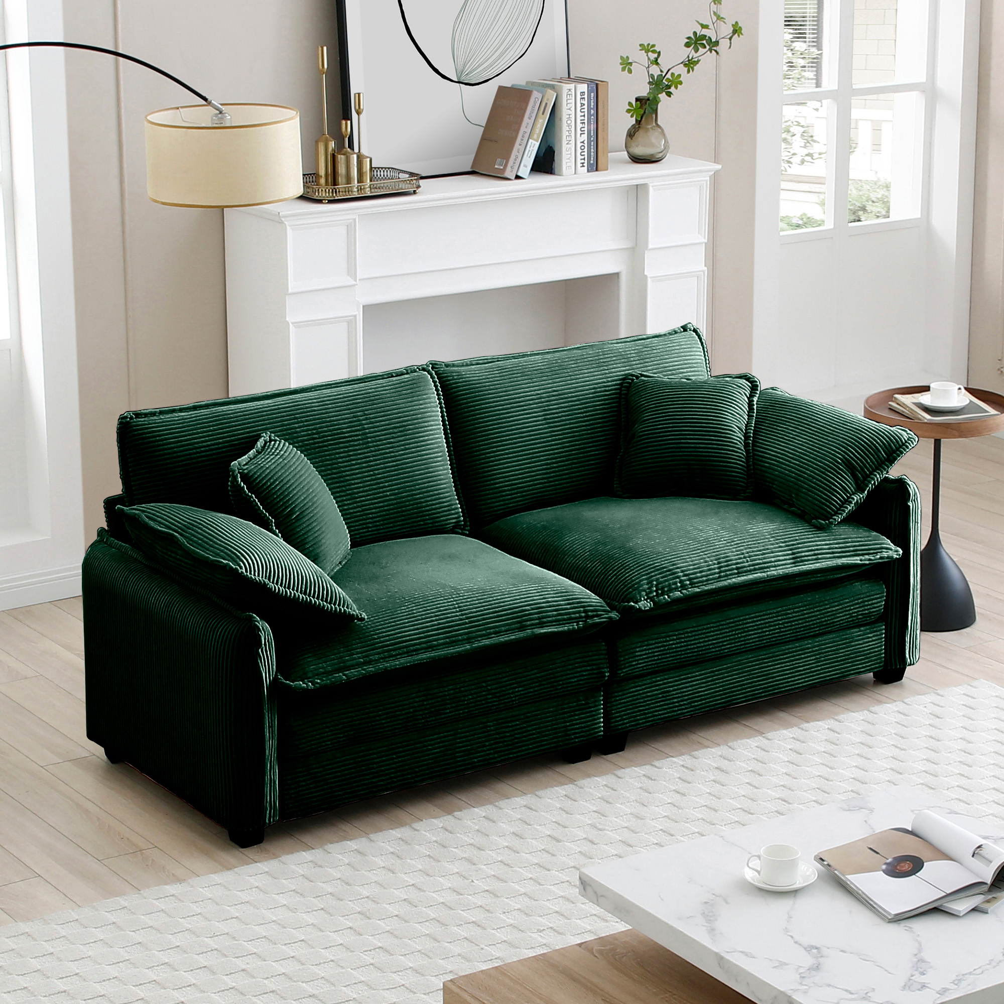 Warm and Cozy Living Room Sofa with 4 Pillows Upholstered Large Deep Seat 2 Seater Sofa for Living Room,Green Corduroy