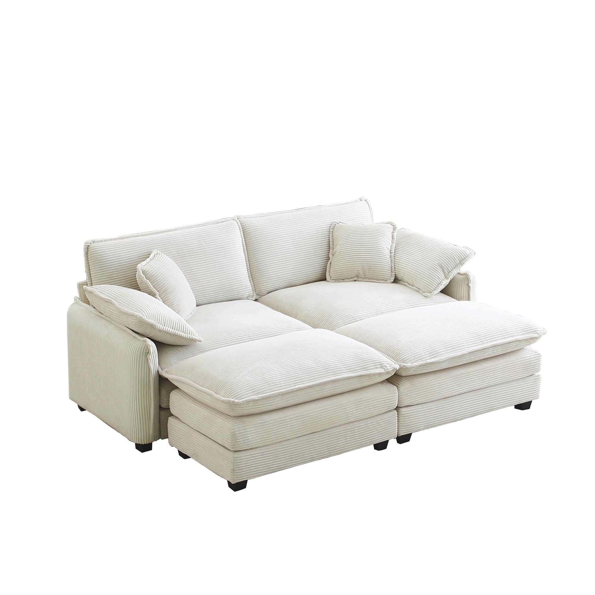 Two-Seater Theater Sofa  with 2 Footrest, 2-Seater Sofa with Ottoman for Small Living Spaces, Beige Corduroy