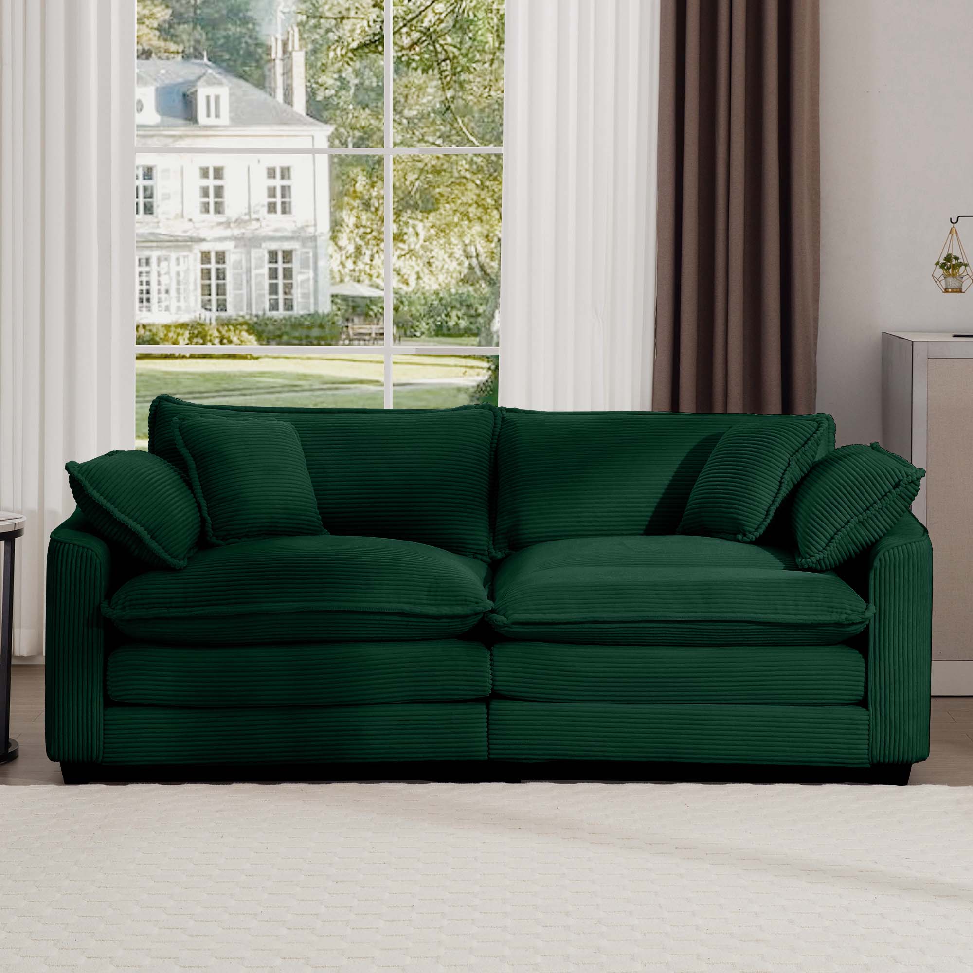 Modern Fabric Living Room Sofa with 4 Pillows Upholstered Large Deep Seating Loveseat, Green Corduroy