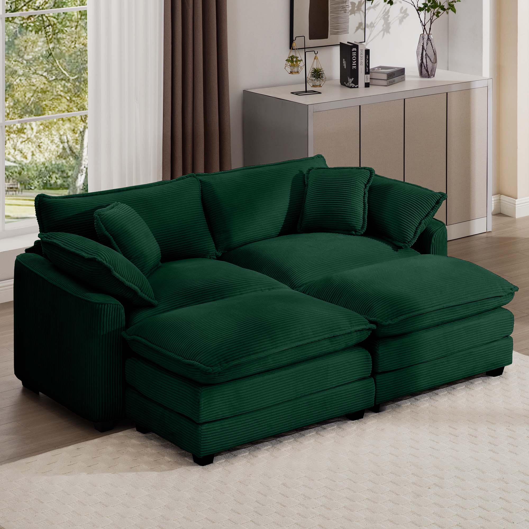 Corduroy Two-Seater Sofa  with 2 Footrest, 2-Seater Sofa with Ottoman for Small Living Spaces, Green Corduroy Sofa