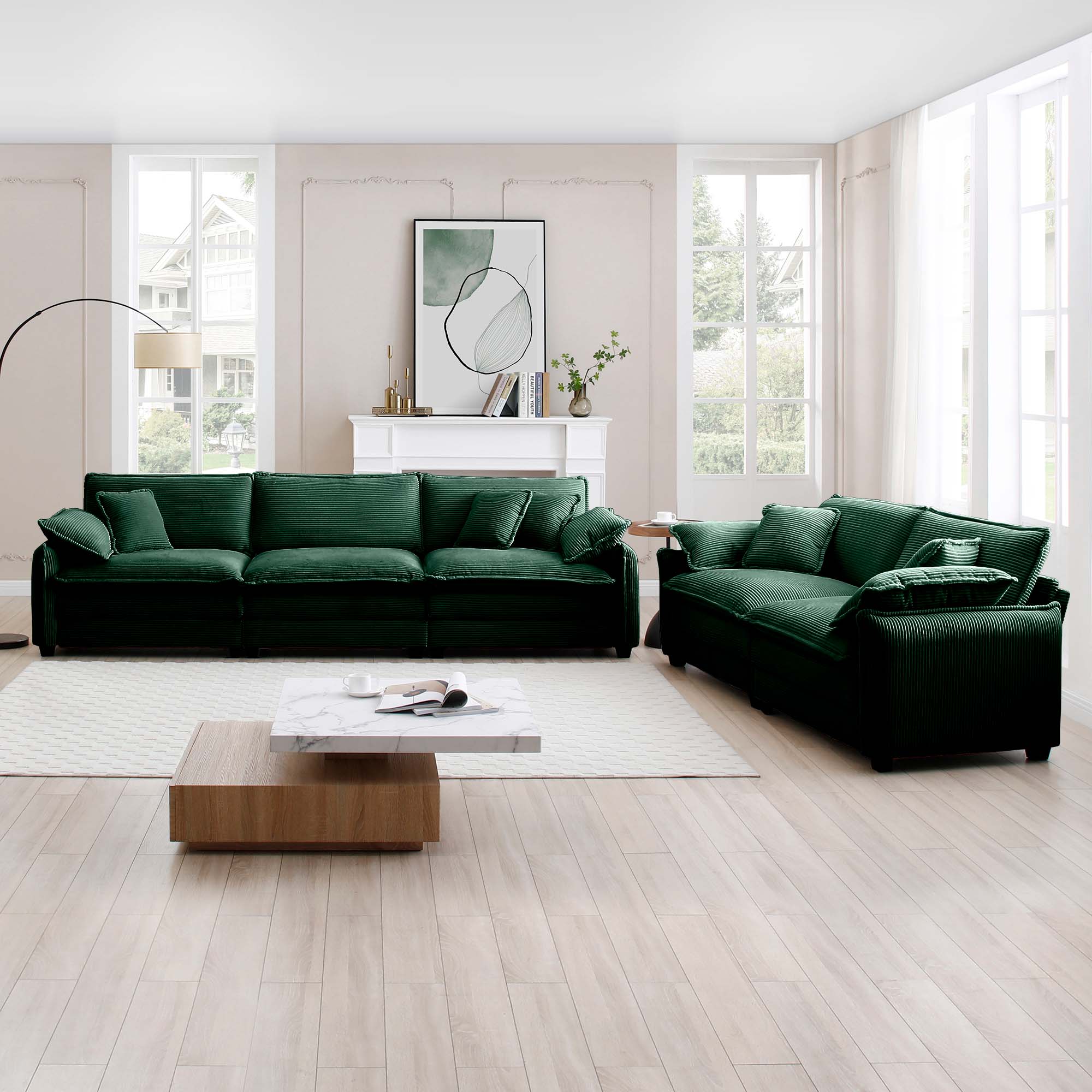 Family sofa set Deep Seat Sofa, Warm Sofa for Home Cinema and Living Room, One 2-Seater Sofa and One 3-Seater Sofa,Green Corduroy