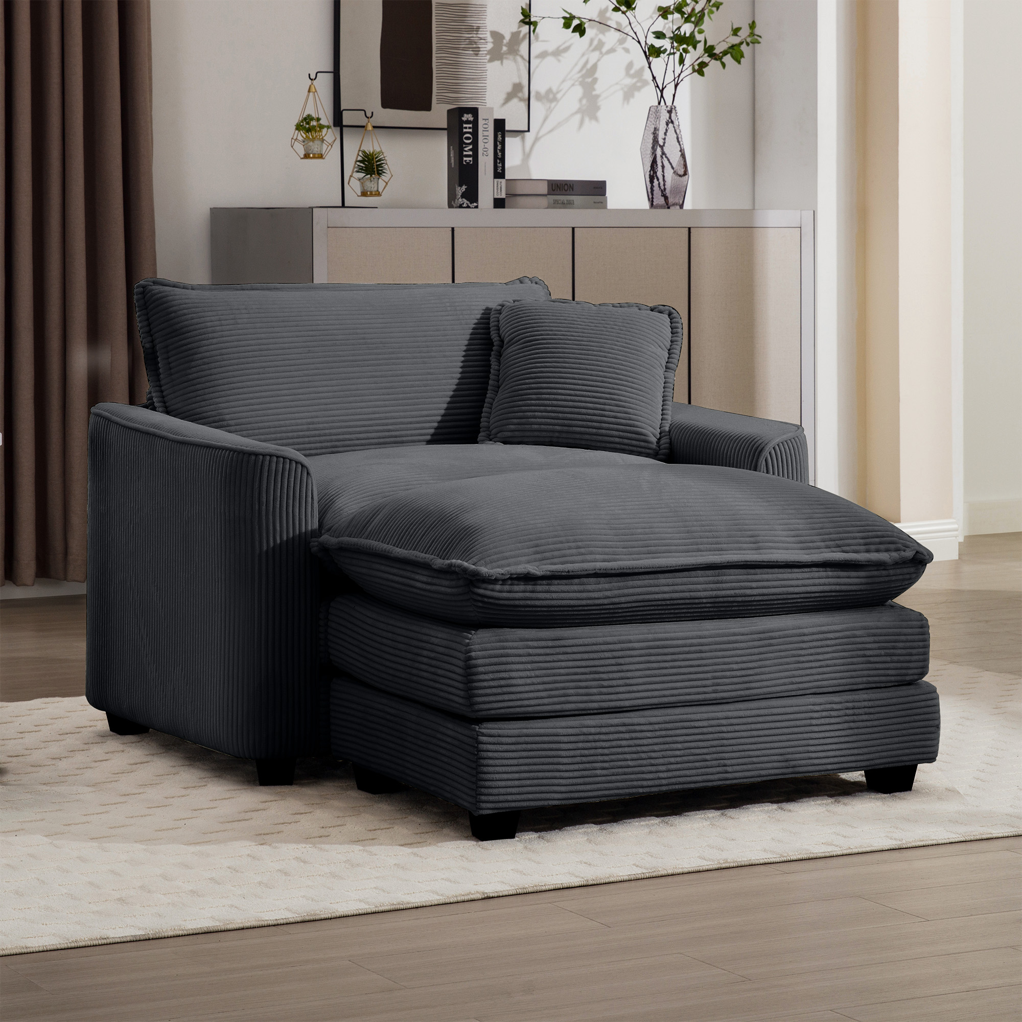 Comfortable Single Chair Deep Seat Sofa With Footstool With One Pillow, Suitable for Living Room and Bedroom, Club Multiple Occasions, Grey Corduroy Fabric