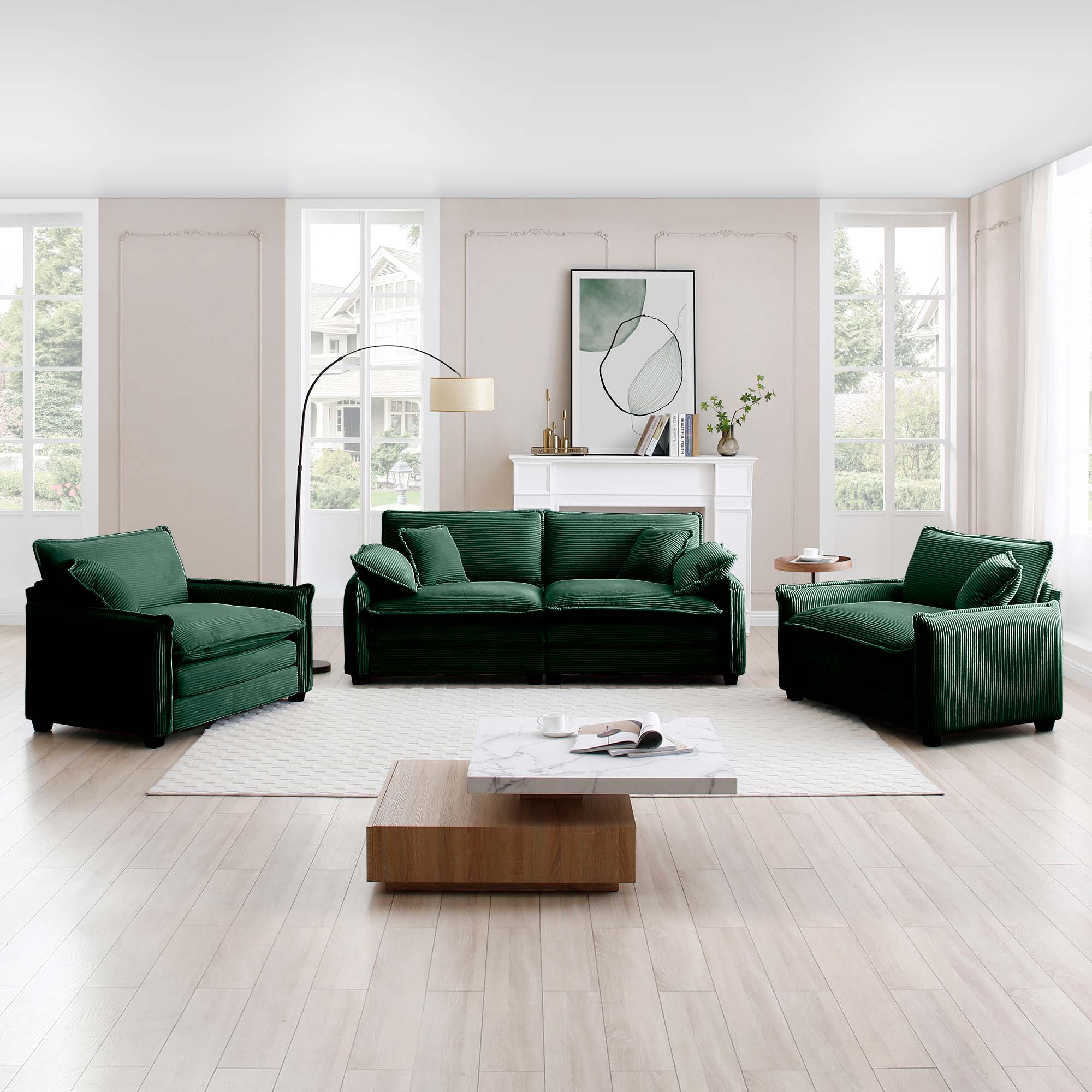 Luxurious and Sophisticated Sofa Set with Soft Cushions and Pillows, Sofa Set for Living Rooms and Clubs as well as Home Theaters, Consisting of Two Single Sofas and a 2-Seaters  Sofas inGreen Corduro