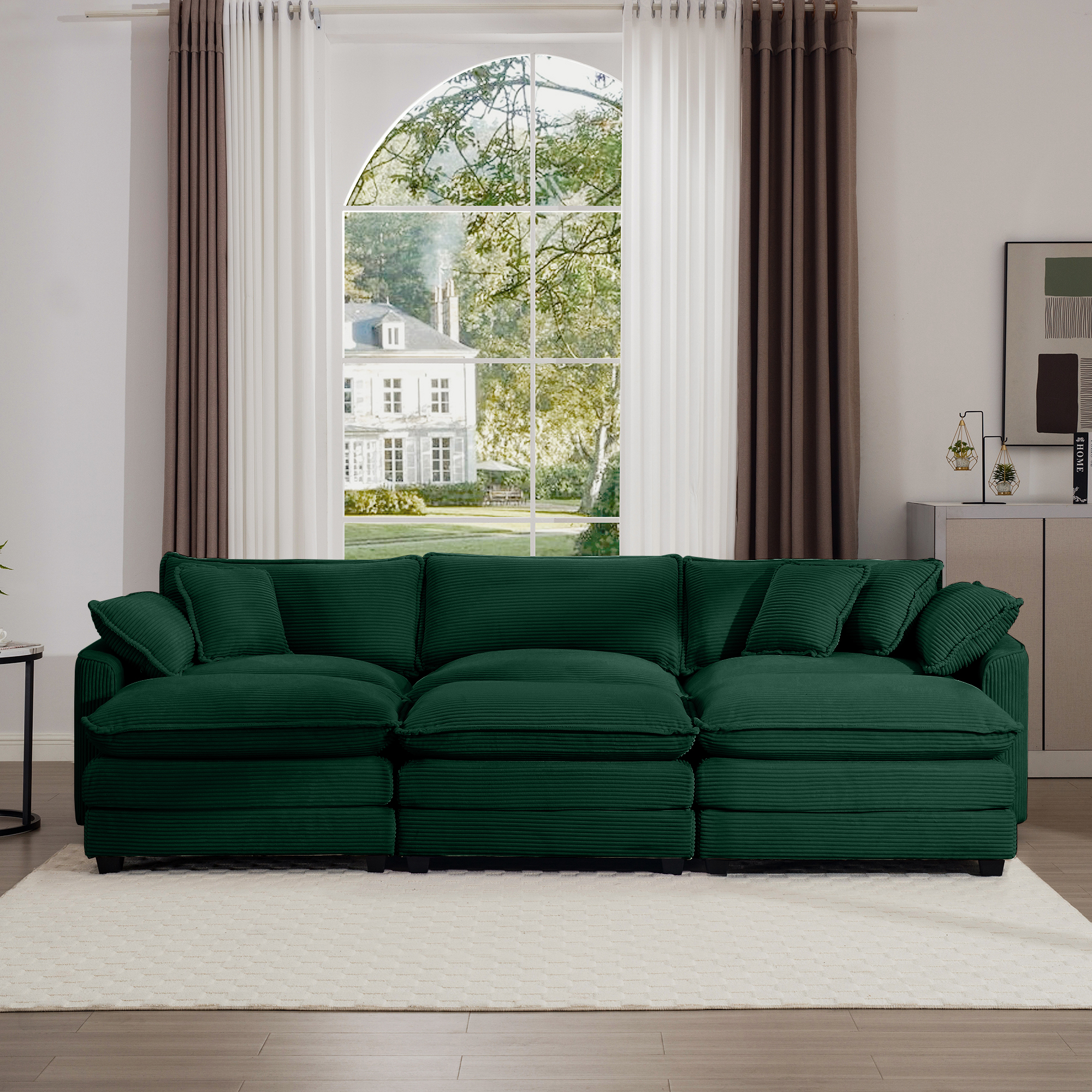 Oversized Modular Cushion Sofa, Portable Ottoman, L-Shaped Corner Low Back Deep Seating Spacious Sofa Setfor Home Apartment Living Room Set, Green Corduroy