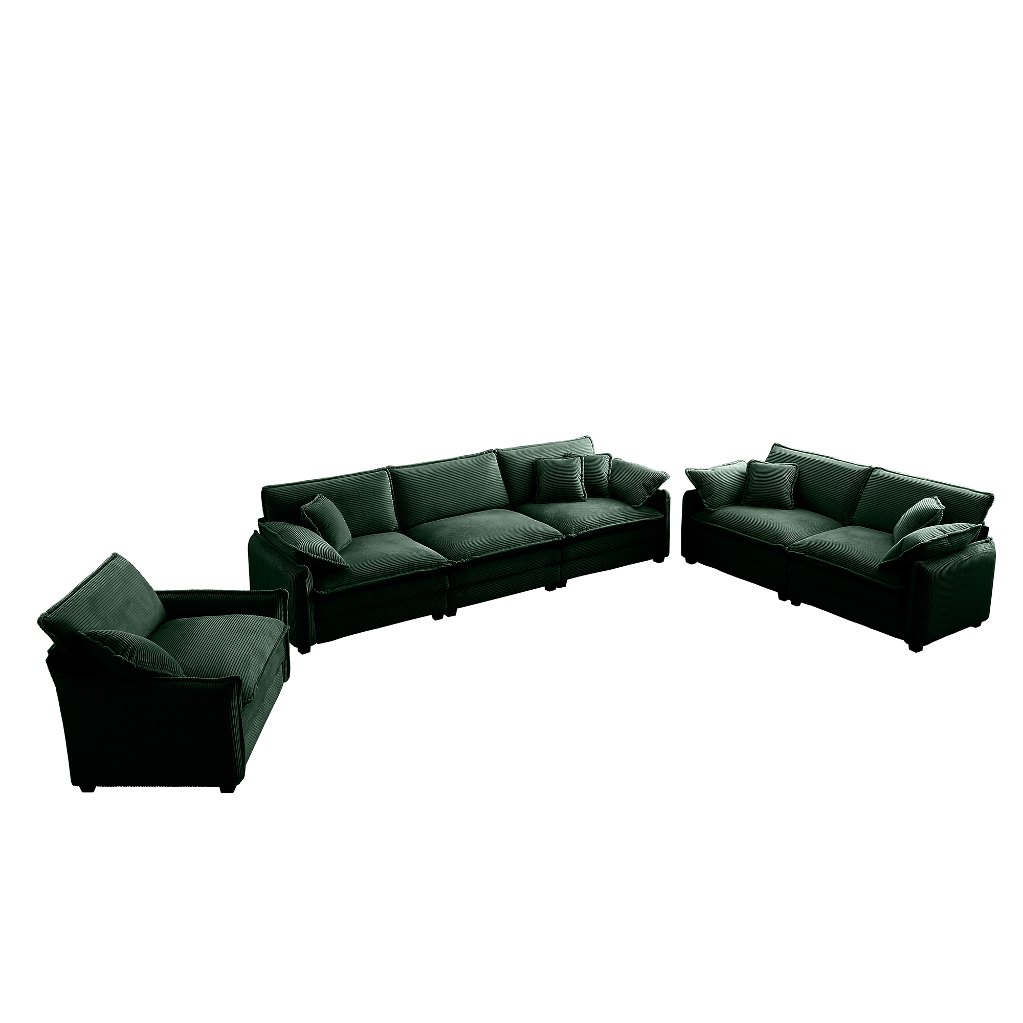 3 Piece  Comfortable Oversized Sectional Sofa, One Single Sofa and One 2-Seater Sofa and One 3-Seater Sofa ,Green Corduroy Deep Seat Sofa