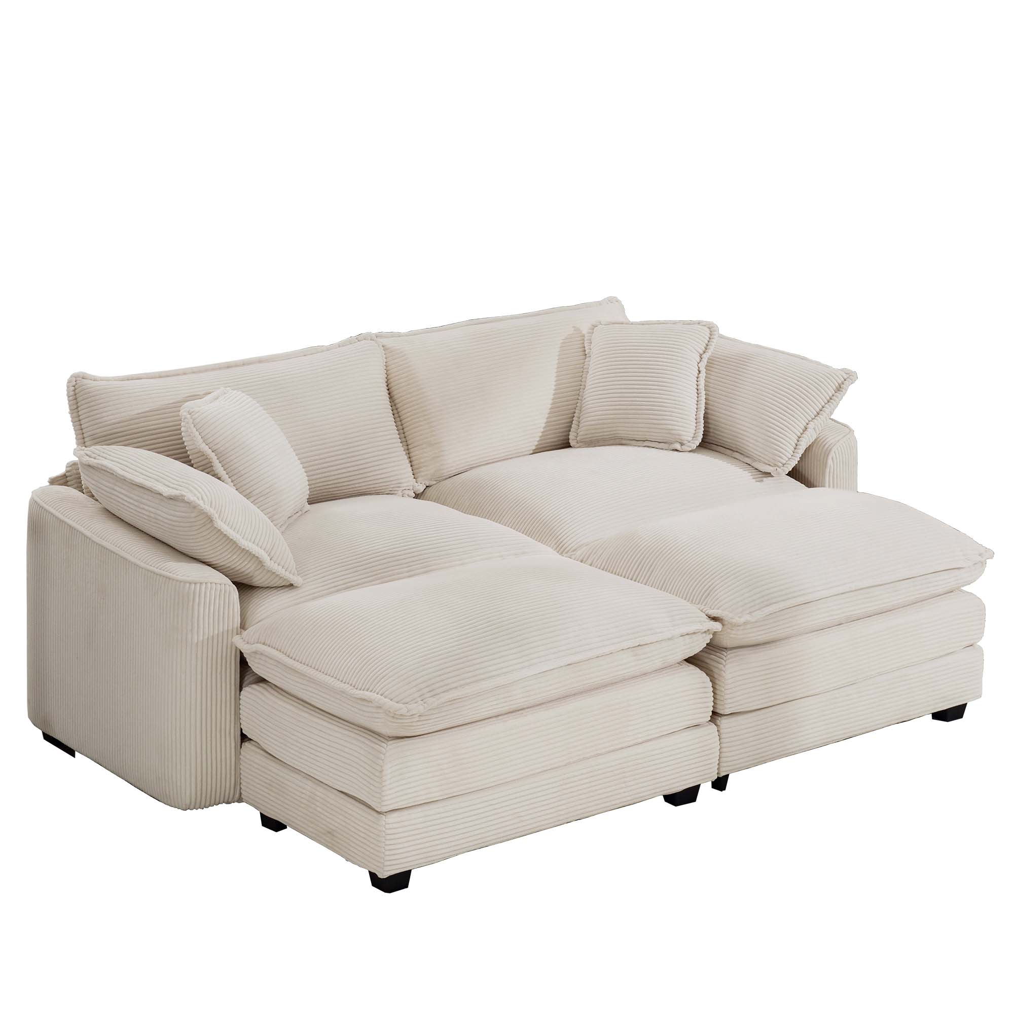 Corduroy Two-Seater Sofa  with 2 Footrest, 2-Seater Sofa with Ottoman to Work As Sofa Bed for Small Living Spaces, Light Beige Corduroy Sofa