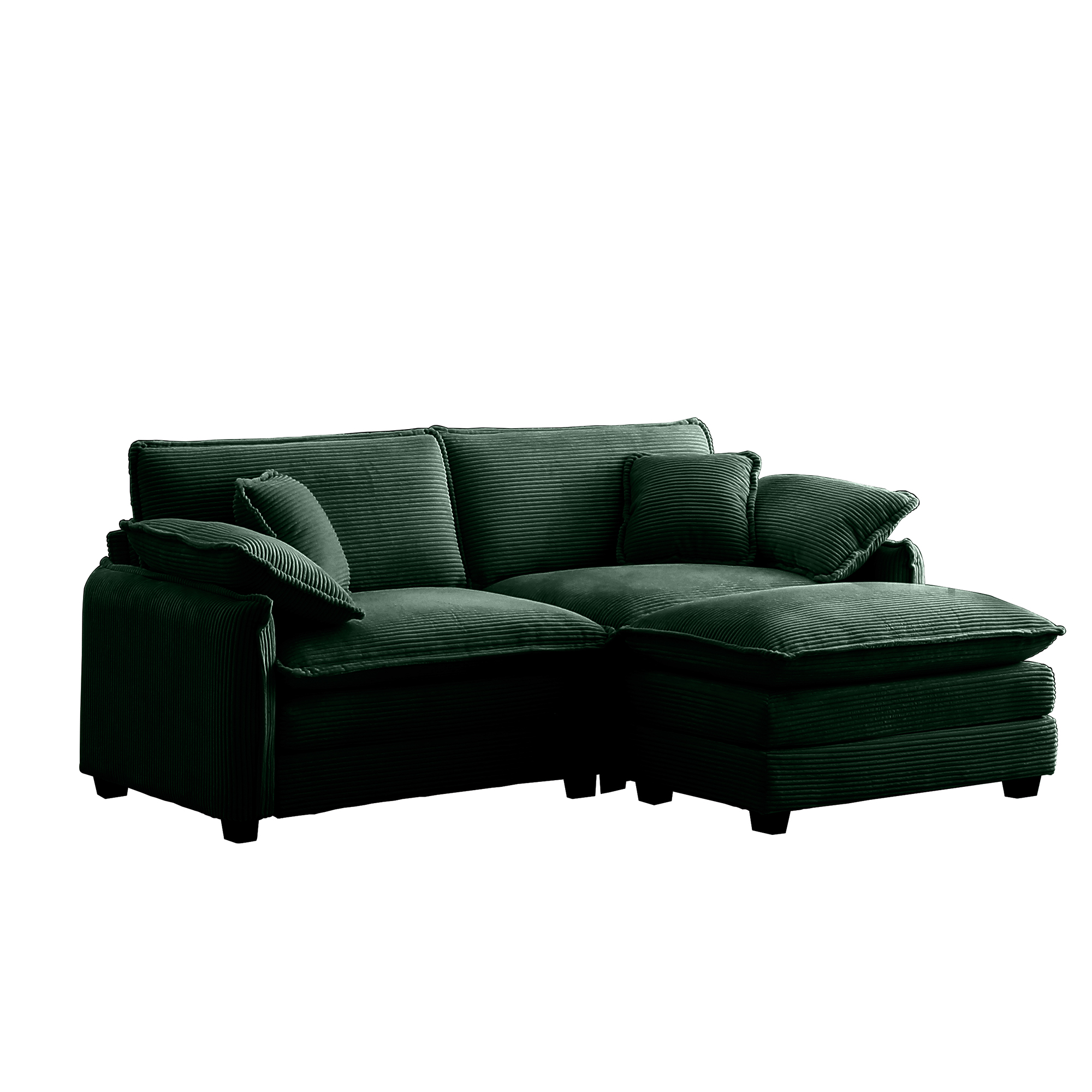 Two-Seater Sofa  with One Footrest, L-Shaped 2-Seater Sofa with Ottoman for Small Living Spaces,Green Corduroy