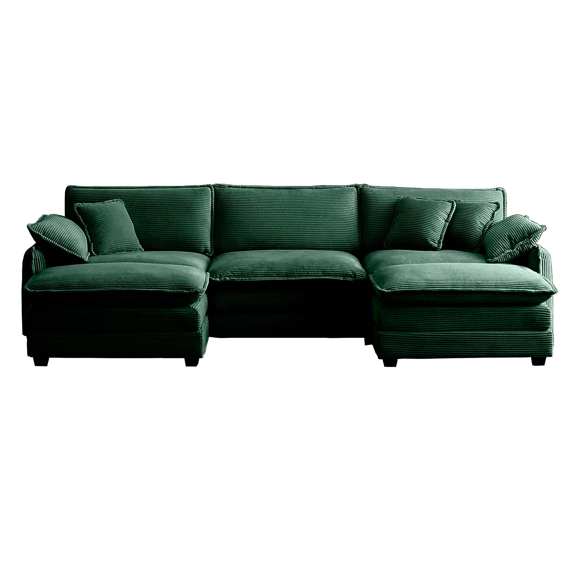 Oversized modular cushioned sofa with conversible ottoman, 3-seater sofa with 2 footstools, U shape sofa inGreen corduroy fabric