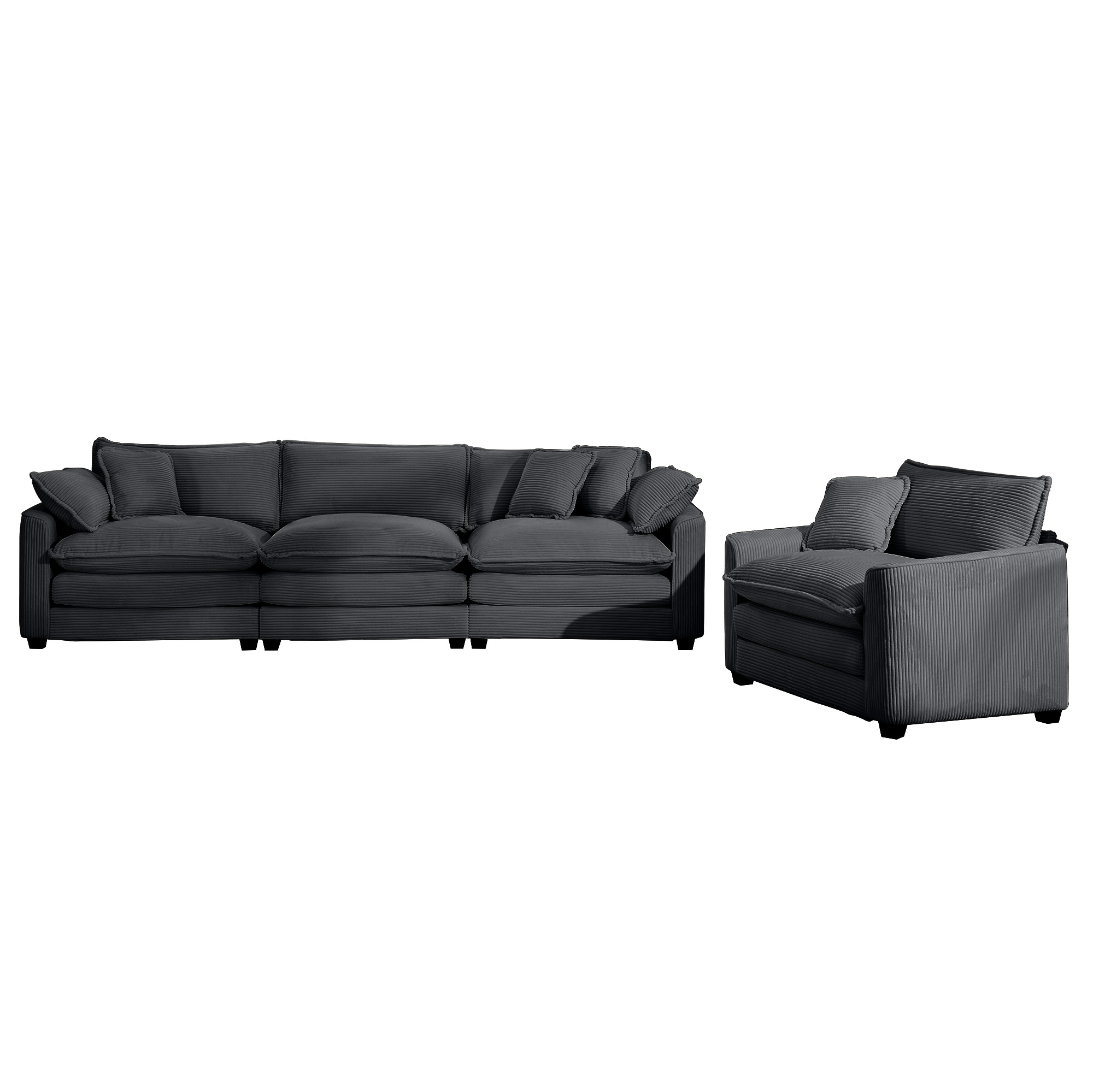 Mid-Century Modern Sectional Set of Two, One 3-Seater Sectional and One Single-Seater Sectional with 2 Arm Pillows and 4 Throw Pillows, Living Room Sectional Grey Corduroy Fabric