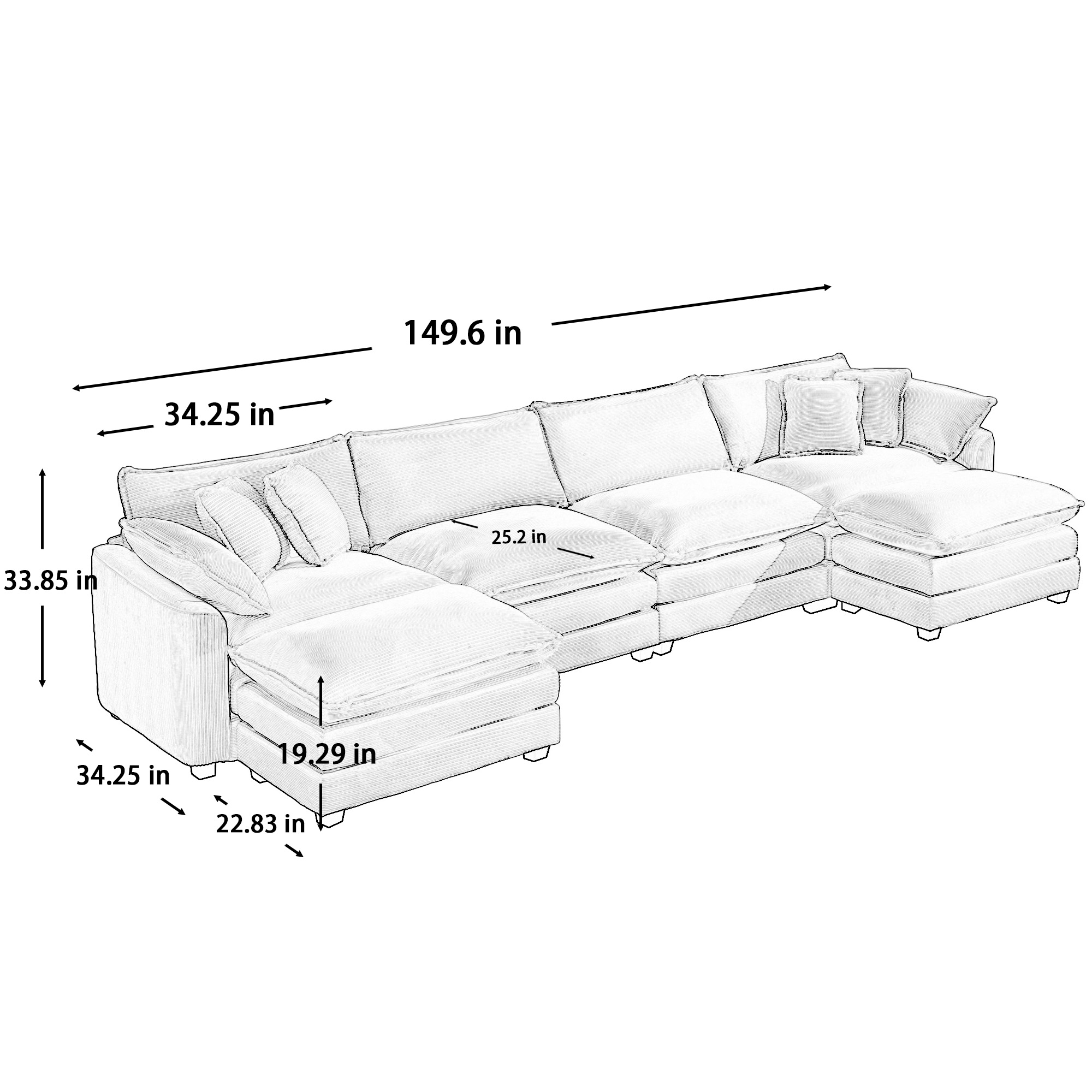 Corduroy Sofa , Modern Upholstered 4 Seater with 3 Footstools Corduroy Fabric Sofa , Office Living Room Apartment Comfortable Sofa, Easy to Assemble with 2 Arm Pillows and 4 Throw Pillows