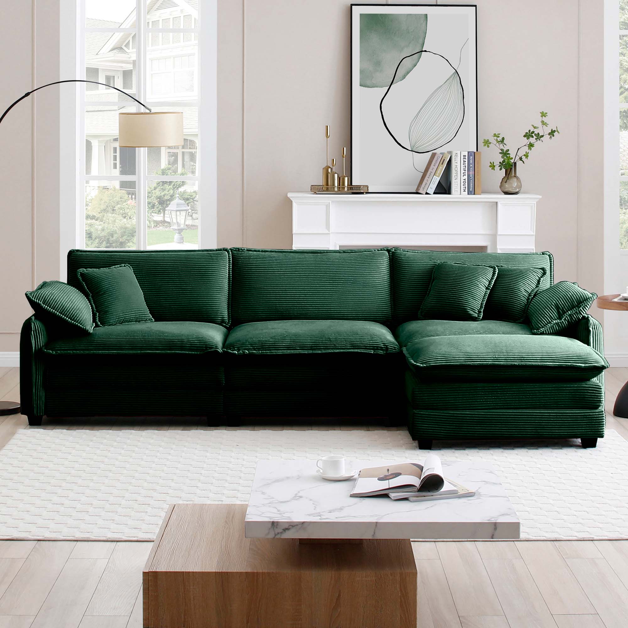 Oversize 3-seater sofa with One footrest, L-shaped Sectional sofa with ottoman for living rooms,Green corduroy sofa