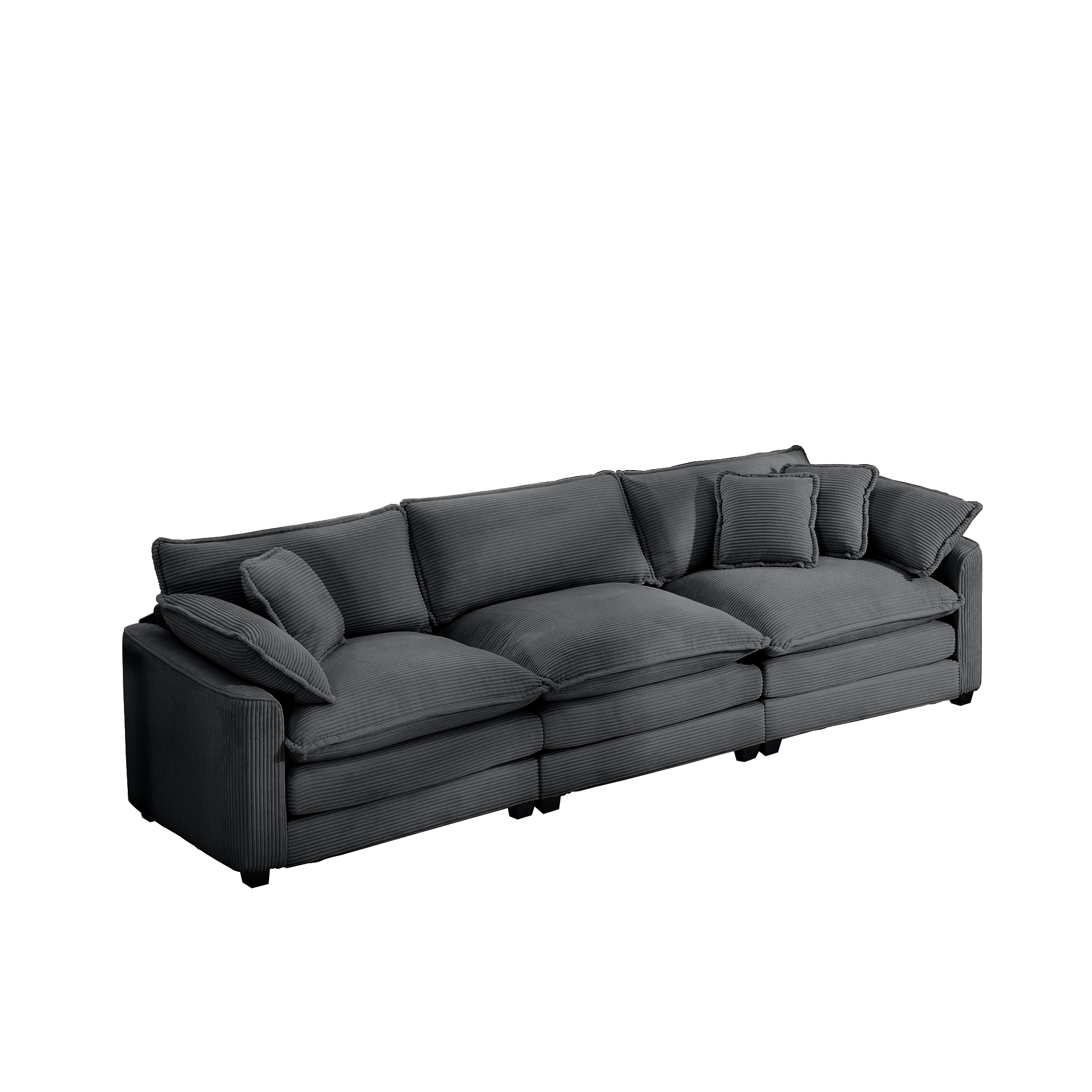 Mid-Century Modern Sectional Sofa 3-Seater Sectional Sofa with 2 Arm Pillows and 3 Pillows, Living Room Sectional Grey Corduroy Fabric