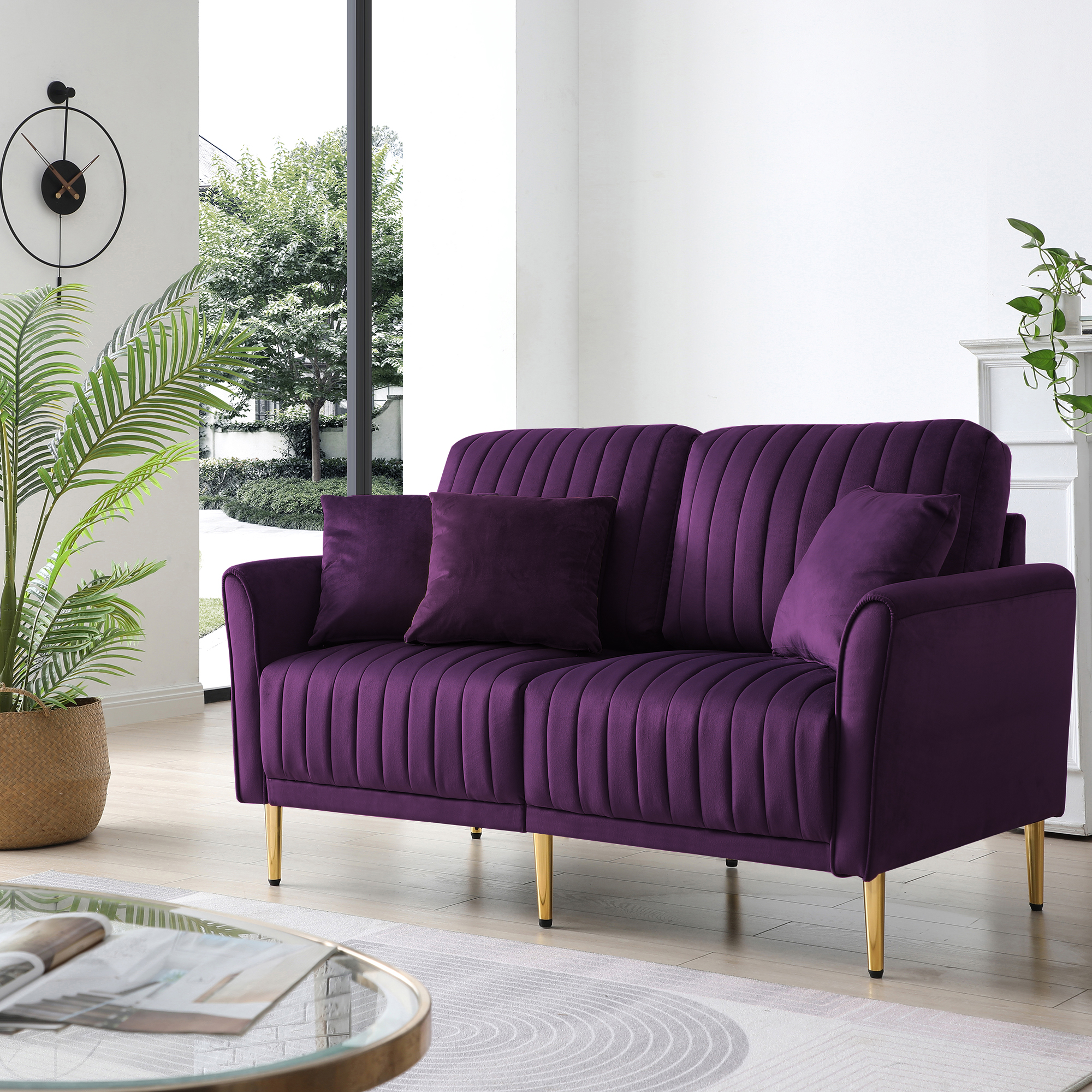 Eggplant Velvet Round Arm Loveseat 2 Seat Sofa with 2 Throw Pillows