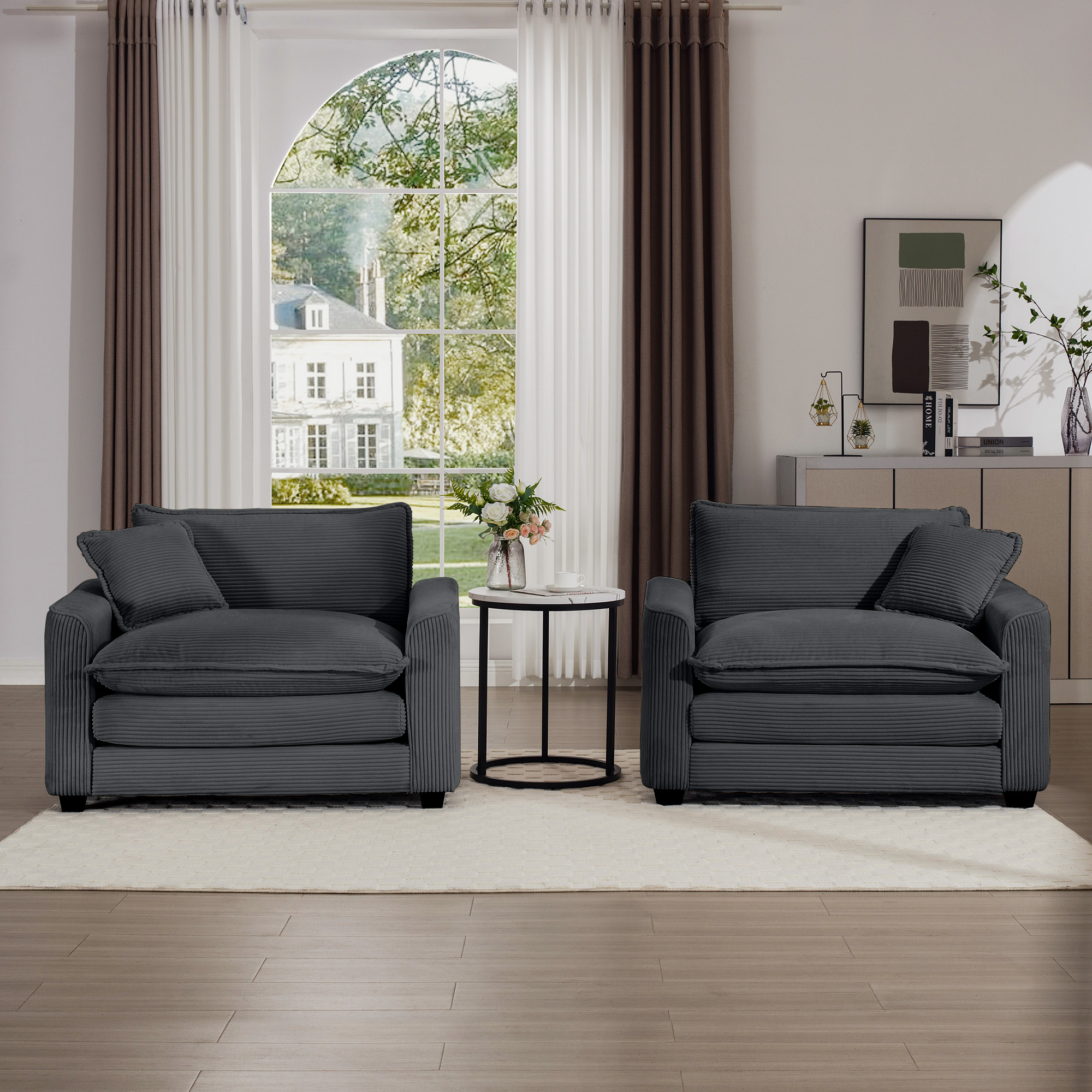 Luxurious and Sophisticated Deep Seated Sofa Set with Two Single Chairs in Grey Corduroy Fabric, Suitable for Bedroom and Office