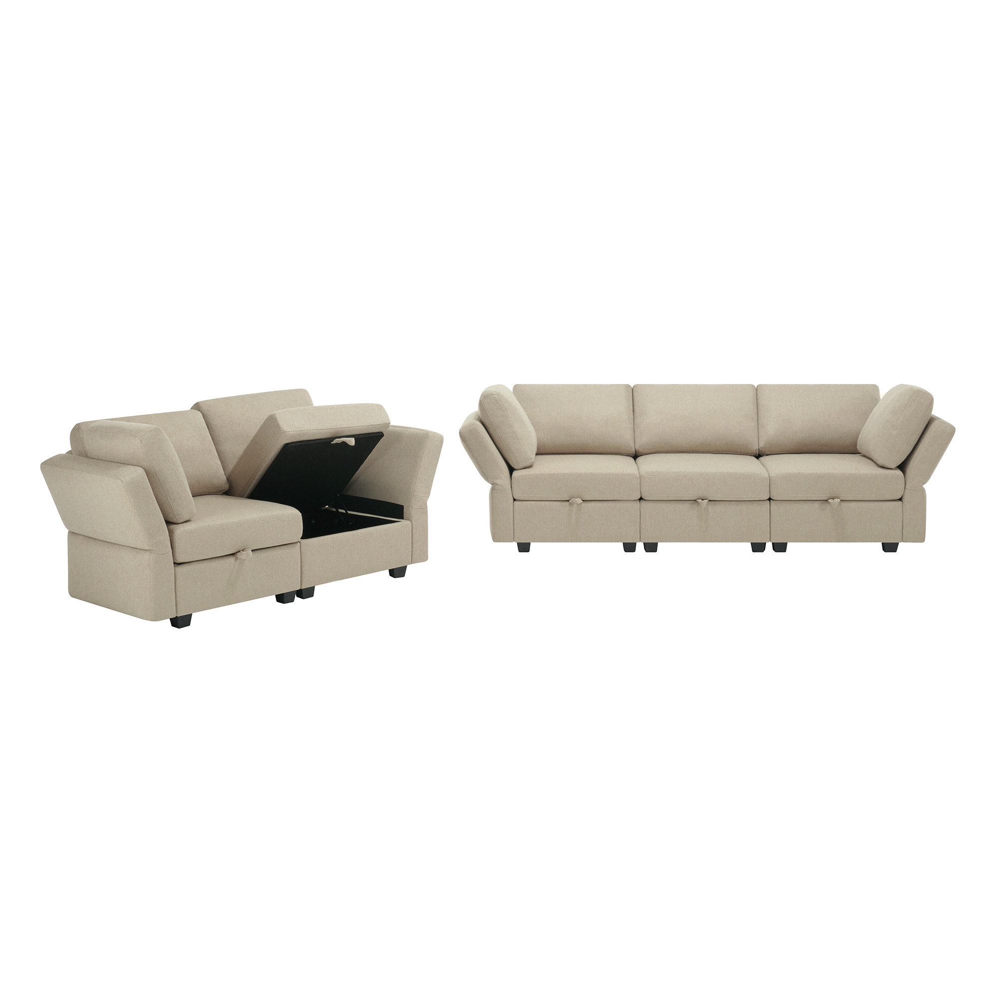 Living Room Sofa Set with 3-Seat Couch and 2-Seat Loveseat, Hidden Storage Under Seat, Soft Back Cushions and Arm Cushions , Adjustable Arms and Backs - Beige