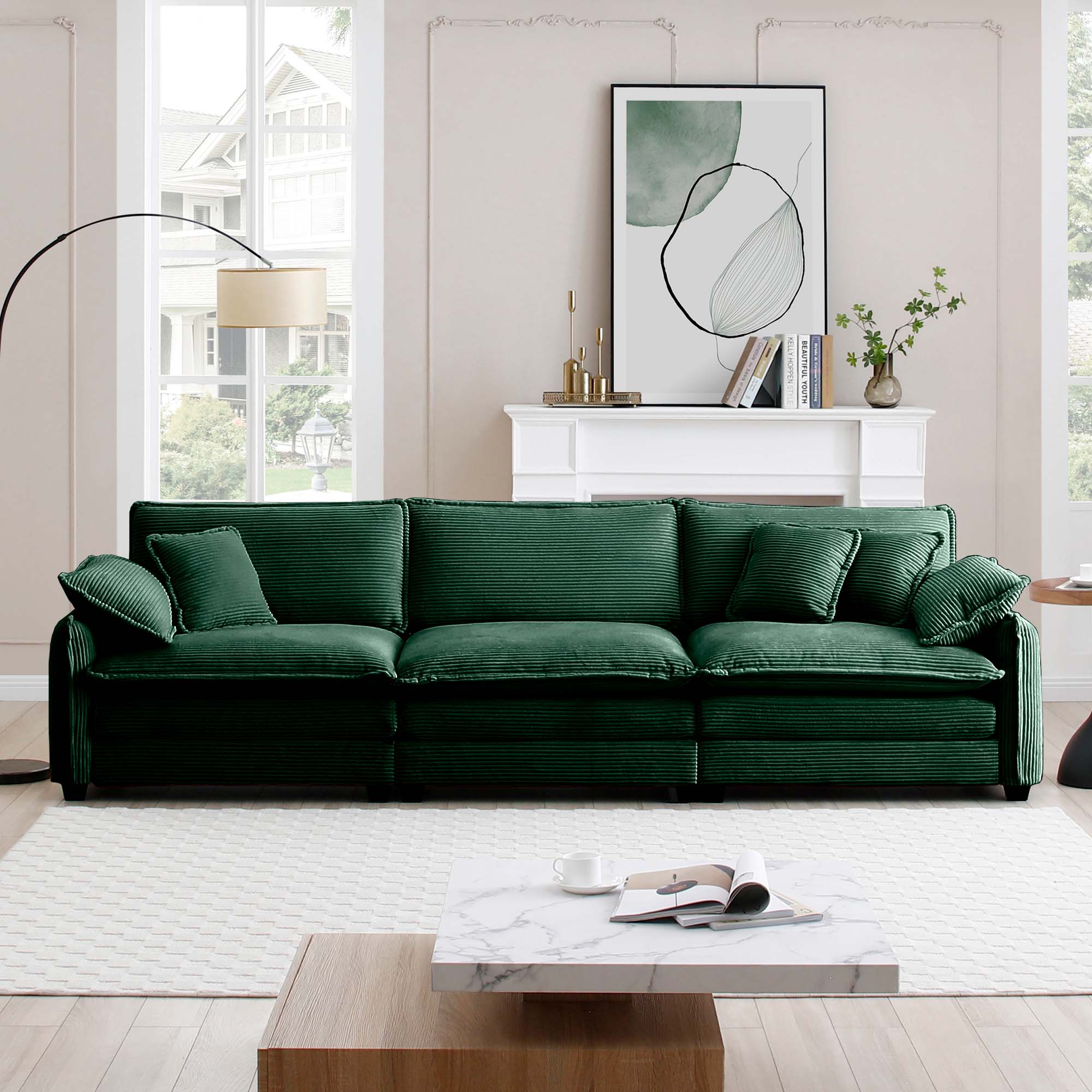 Mid-Century Modern 3-Seater Sectional Sofa with 2 Arm Pillows and 3 Throw Pillows,Green Corduroy Fabric