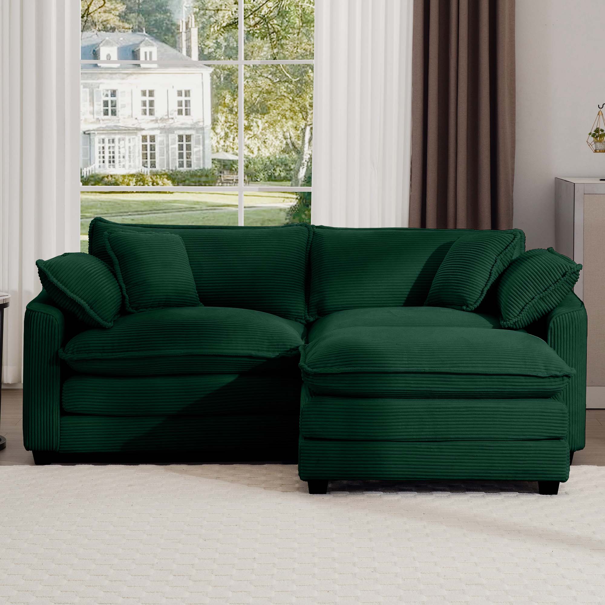 Corduroy Two-Seater Sofa  with 1 Footrest, L-Shaped 2-Seater Sofa with Ottoman for Small Living Spaces, Green Corduroy Sofa