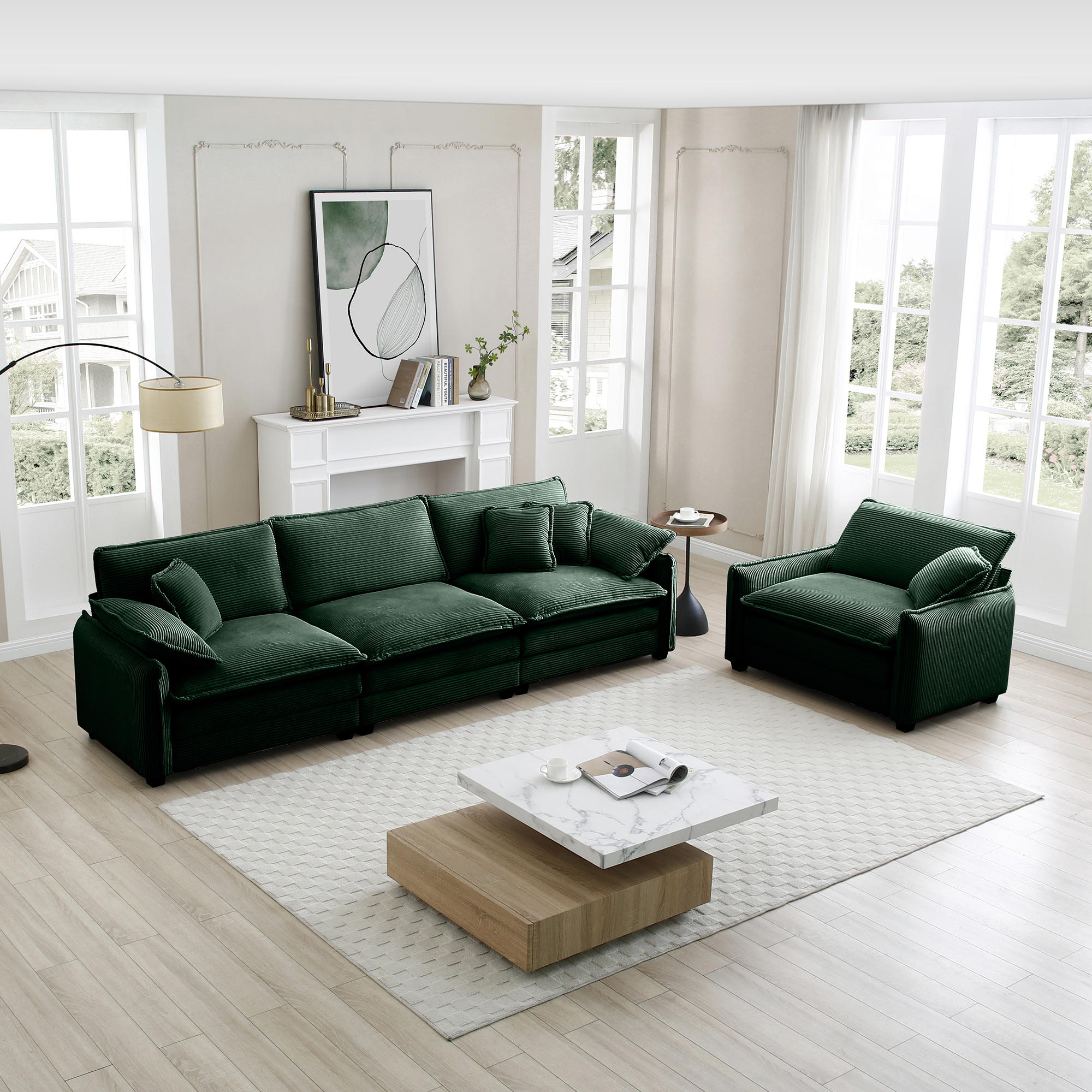 Mid-Century Modern Sofa Set of Two, One 3-Seater Sofa and One Single Seat Sofa with 2 Arm Pillows and 4 Throw Pillows,2 Pieces Sofa Set for Living Room,Green Corduroy Fabric