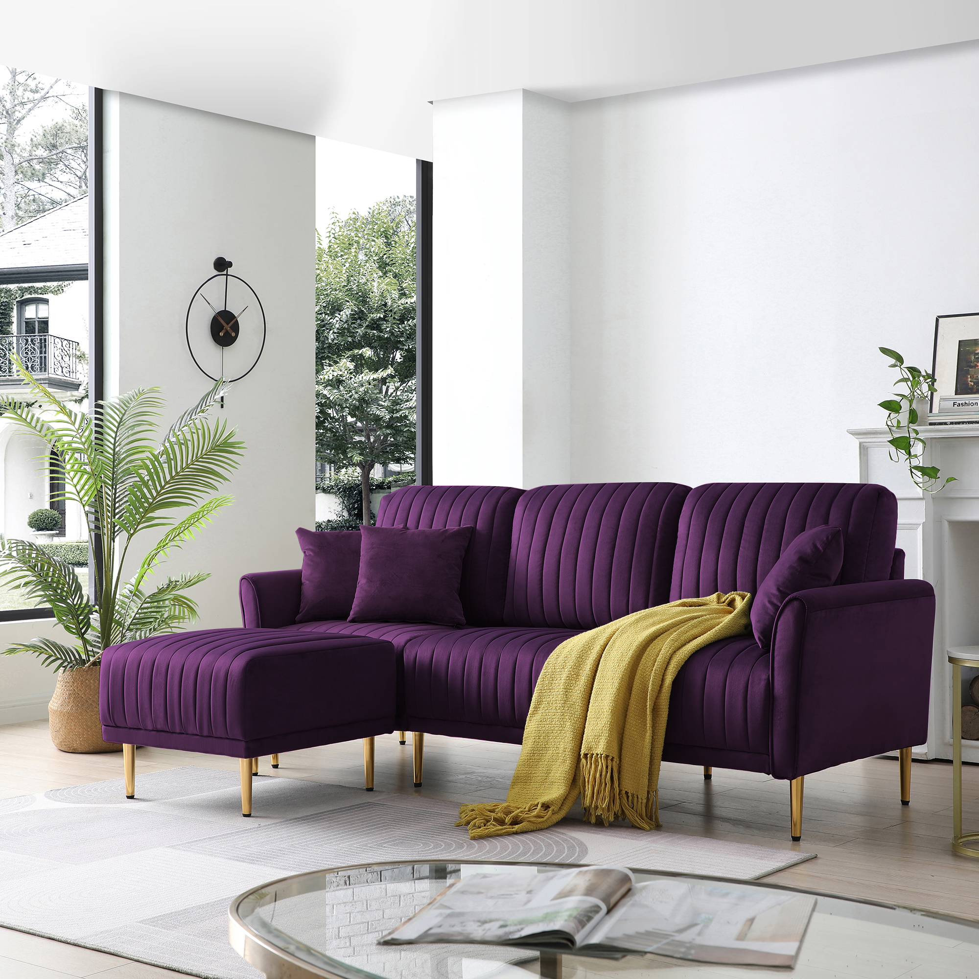 Modern Large Velvet Fabric L-Shape Chaise Lounge Couch Sectional Sofa Eggplant