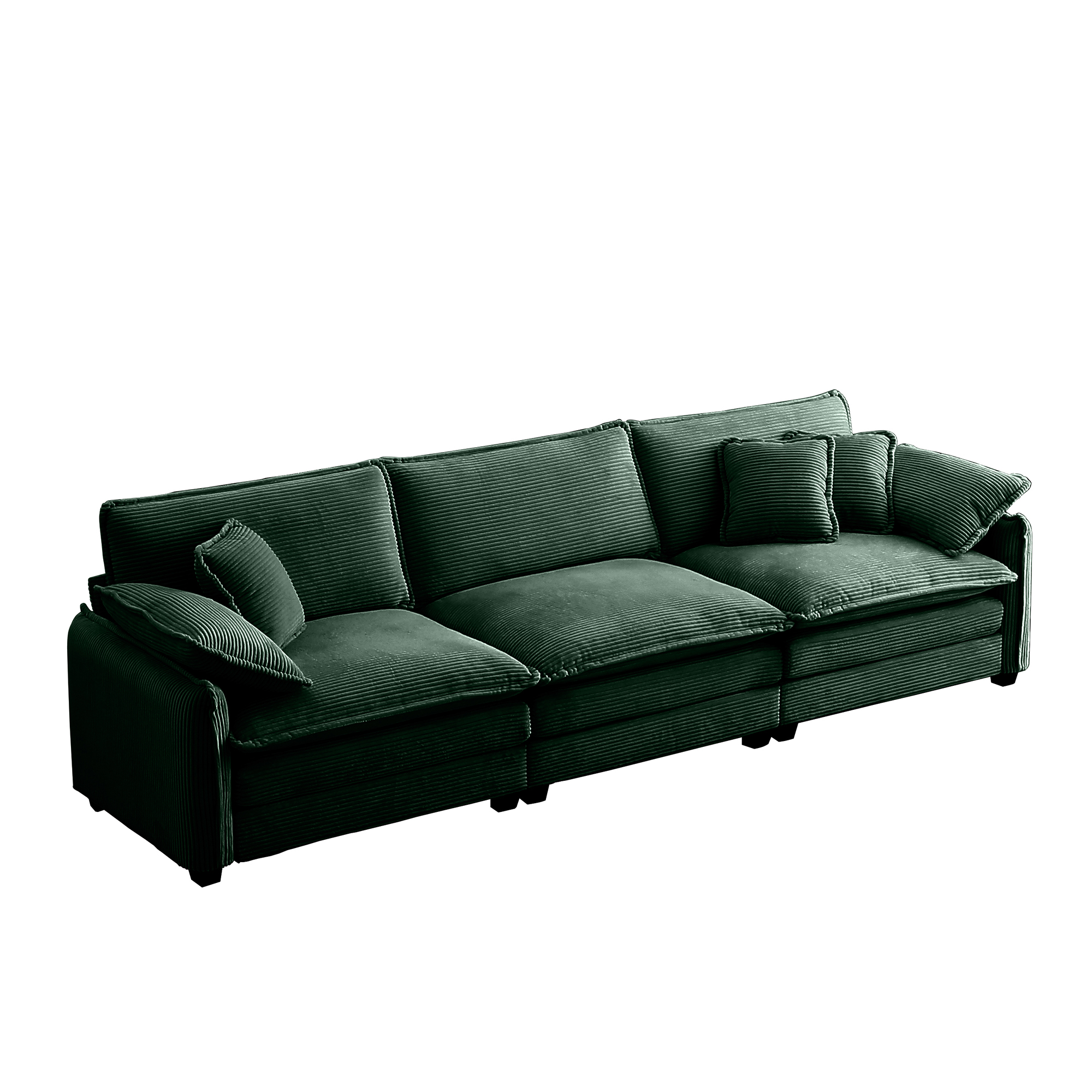 Mid-Century Modern 3-Seater Sectional Sofa with 2 Arm Pillows and 3 Throw Pillows,Green Corduroy Fabric