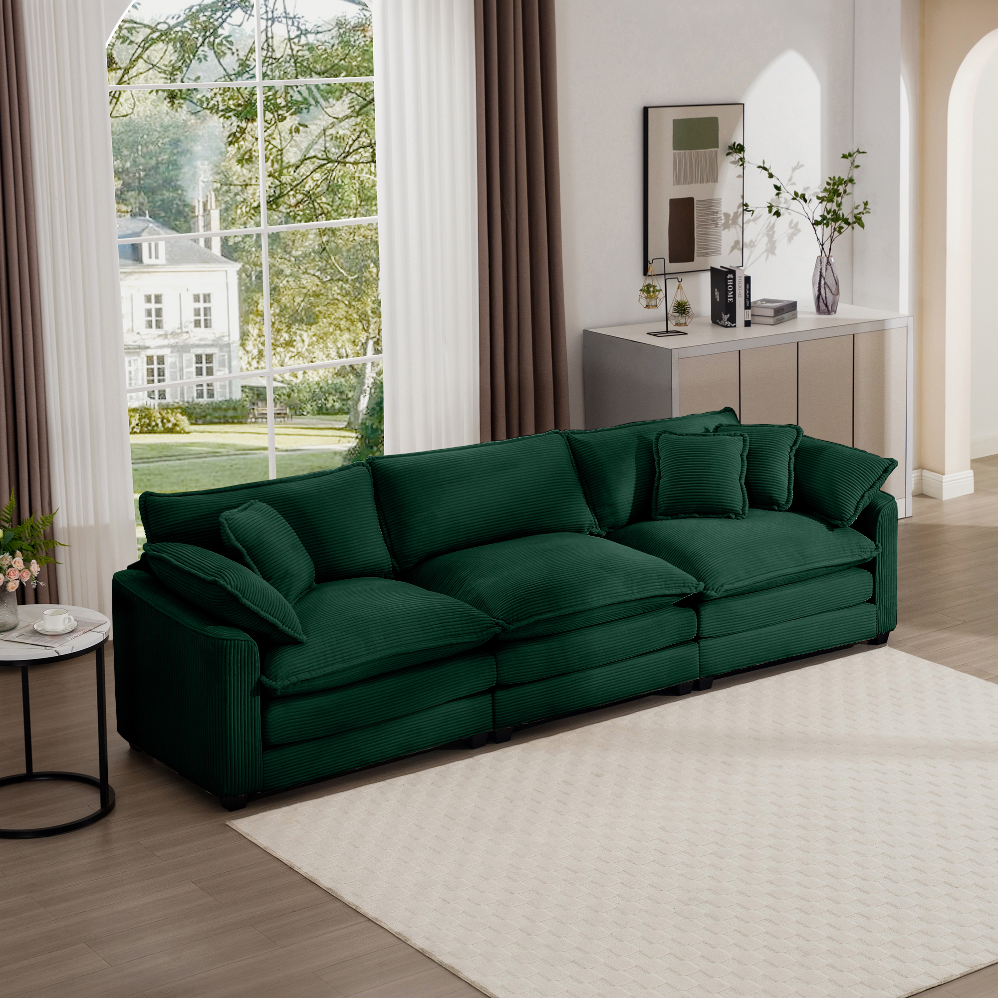 Mid-Century Modern Sectional Sofa 3-Seater Sectional Sofa with 2 Arm Pillows and 3 Pillows, Living Room Sectional Green Corduroy Fabric