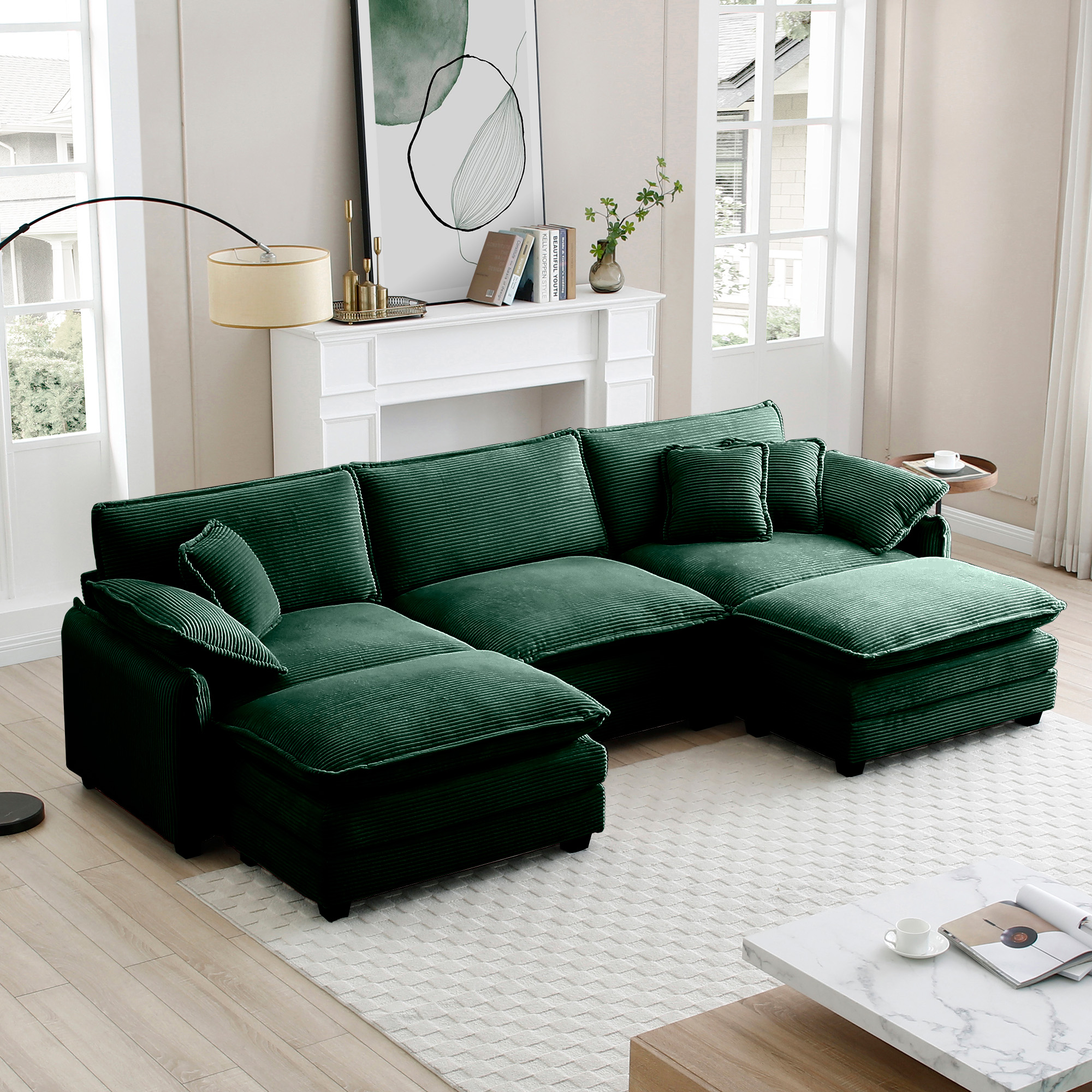 Oversized modular cushioned sofa with conversible ottoman, 3-seater sofa with 2 footstools, U shape sofa inGreen corduroy fabric