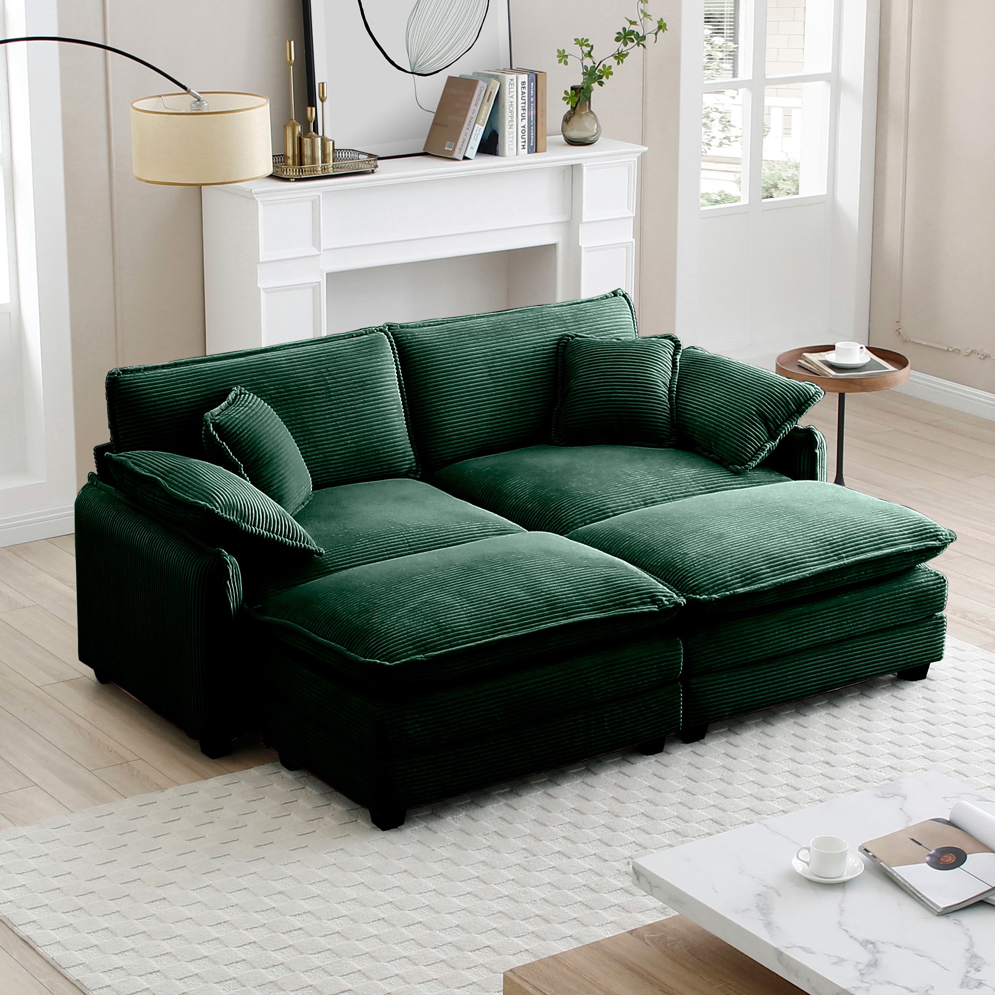 Two-Seater Theater Sofa  with 2 Footrest, 2-Seater Sofa with Ottoman for Small Living Spaces,Green Corduroy