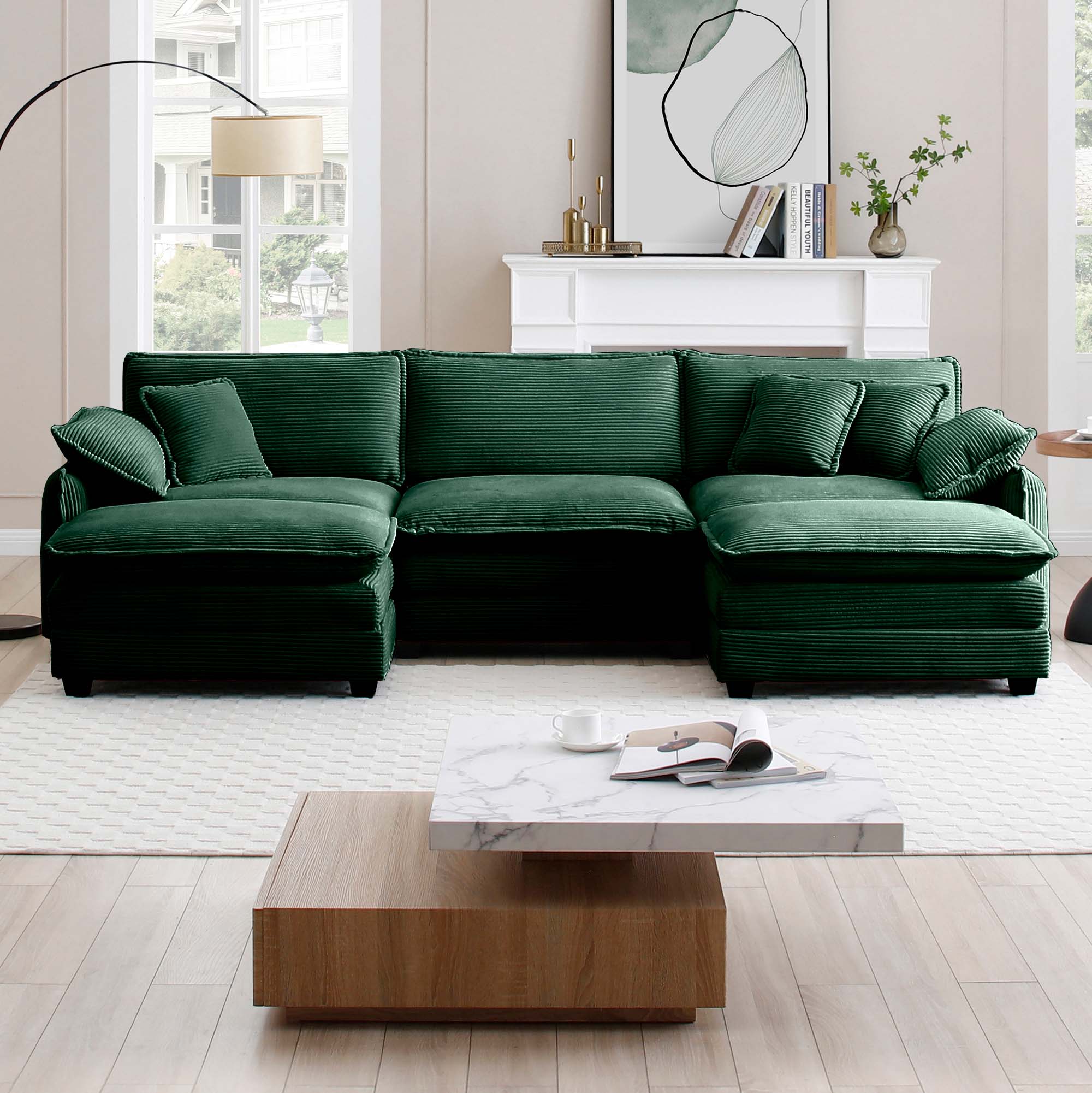 Oversized modular cushioned sofa with conversible ottoman, 3-seater sofa with 2 footstools, U shape sofa inGreen corduroy fabric