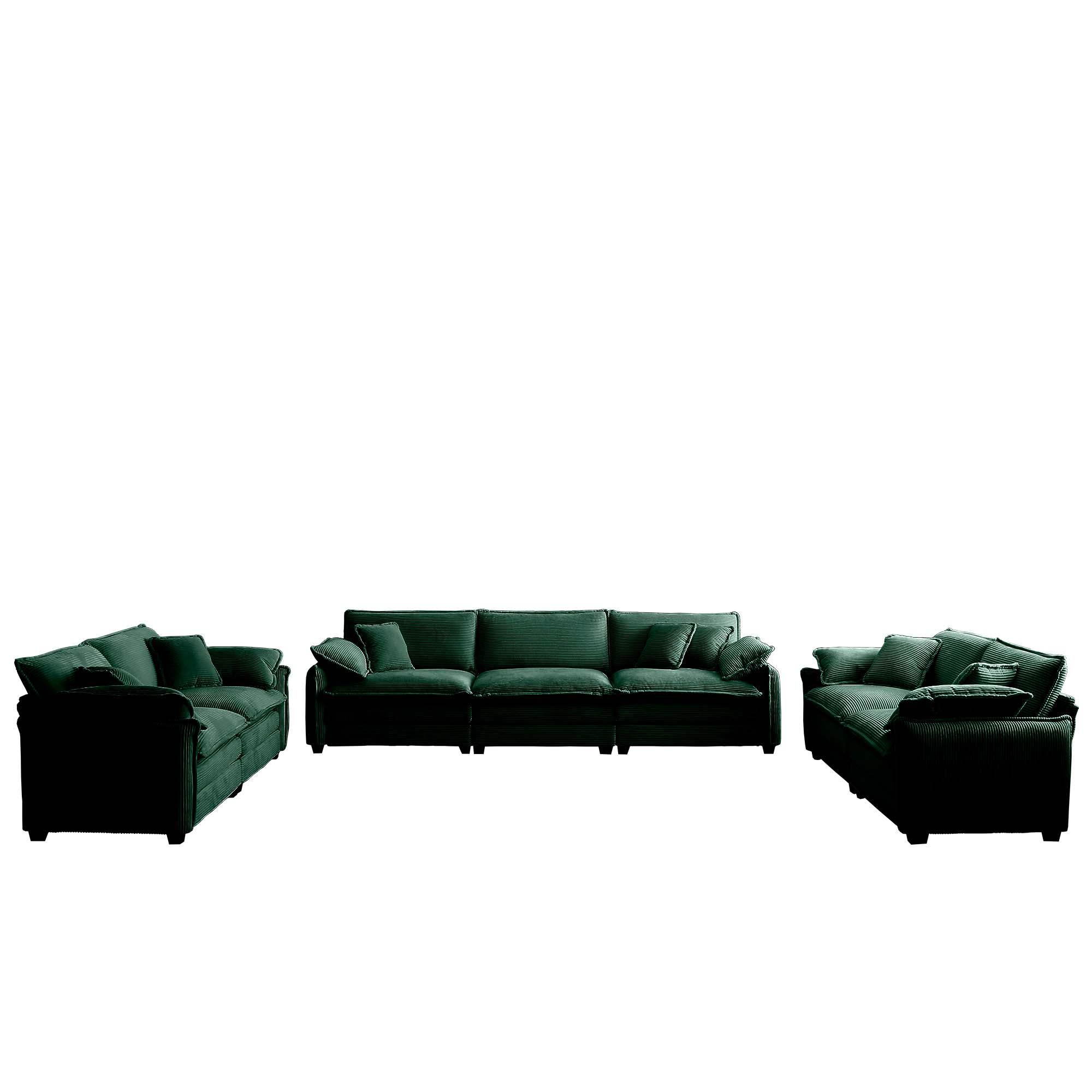 Modern Living Room Sofa 3 Pieces Set, Two 2-Seater Sofas and One 3-Seater Sofas, Upholstery Large Deep Seat Sofa with sofat Cushion and Pillowss,Green Corduroy