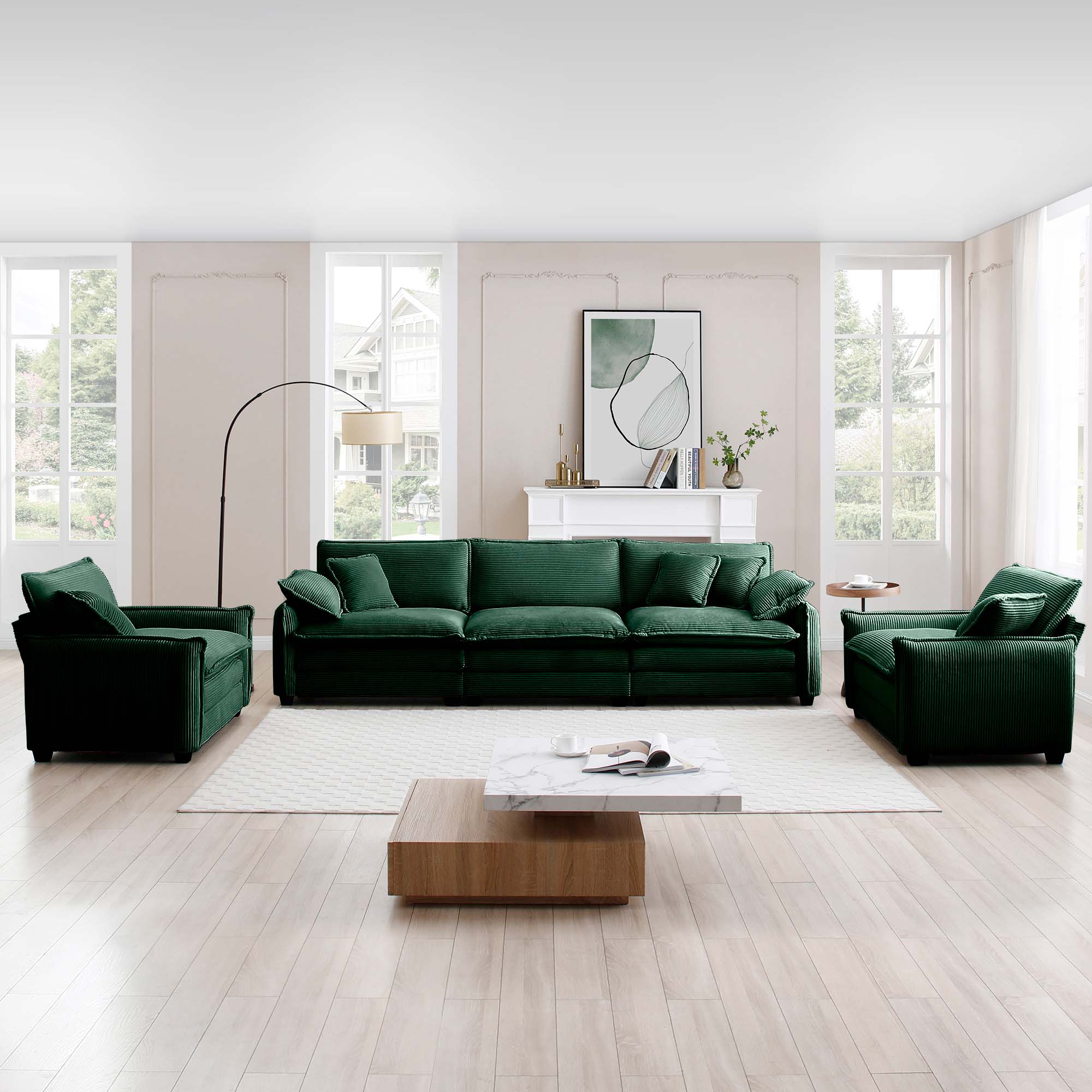 Warm and Cozy Sofa Set with Soft Cushions and Pillows, Home Theater Style Sofa Set Consisting of a 3-Seater Sofa and Two Single Sofas inGreen Corduroy Fabric