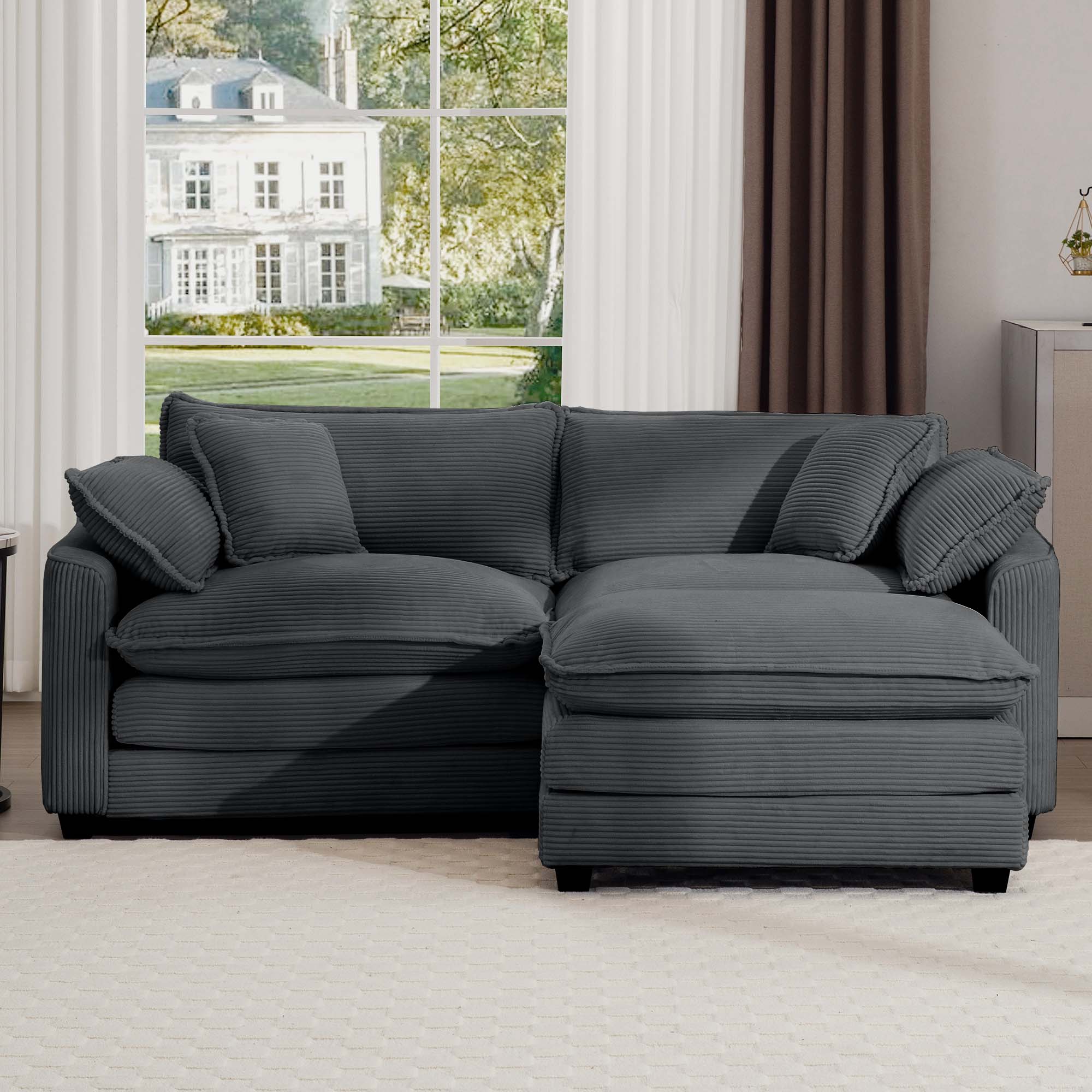 Corduroy Two-Seater Sofa  with 1 Footrest, L-Shaped 2-Seater Sofa with Ottoman for Small Living Spaces, Grey Corduroy Sofa