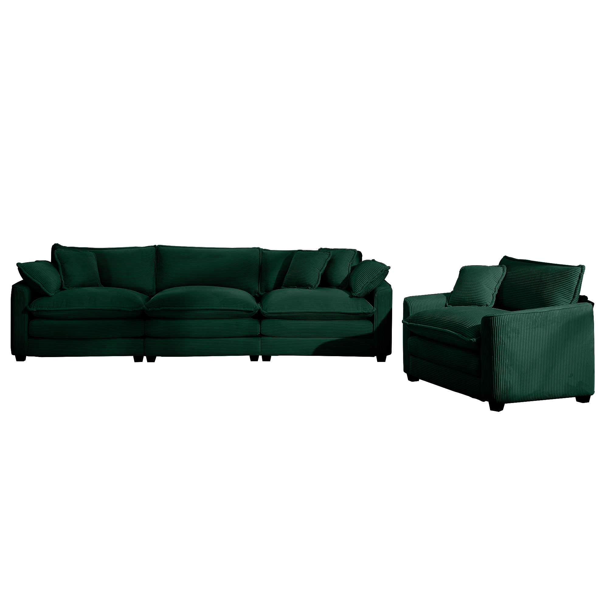 Mid-Century Modern Sectional Set of Two, One 3-Seater Sectional and One Single-Seater Sectional with 2 Arm Pillows and 4 Throw Pillows, Living Room Sectional Green Corduroy Fabric