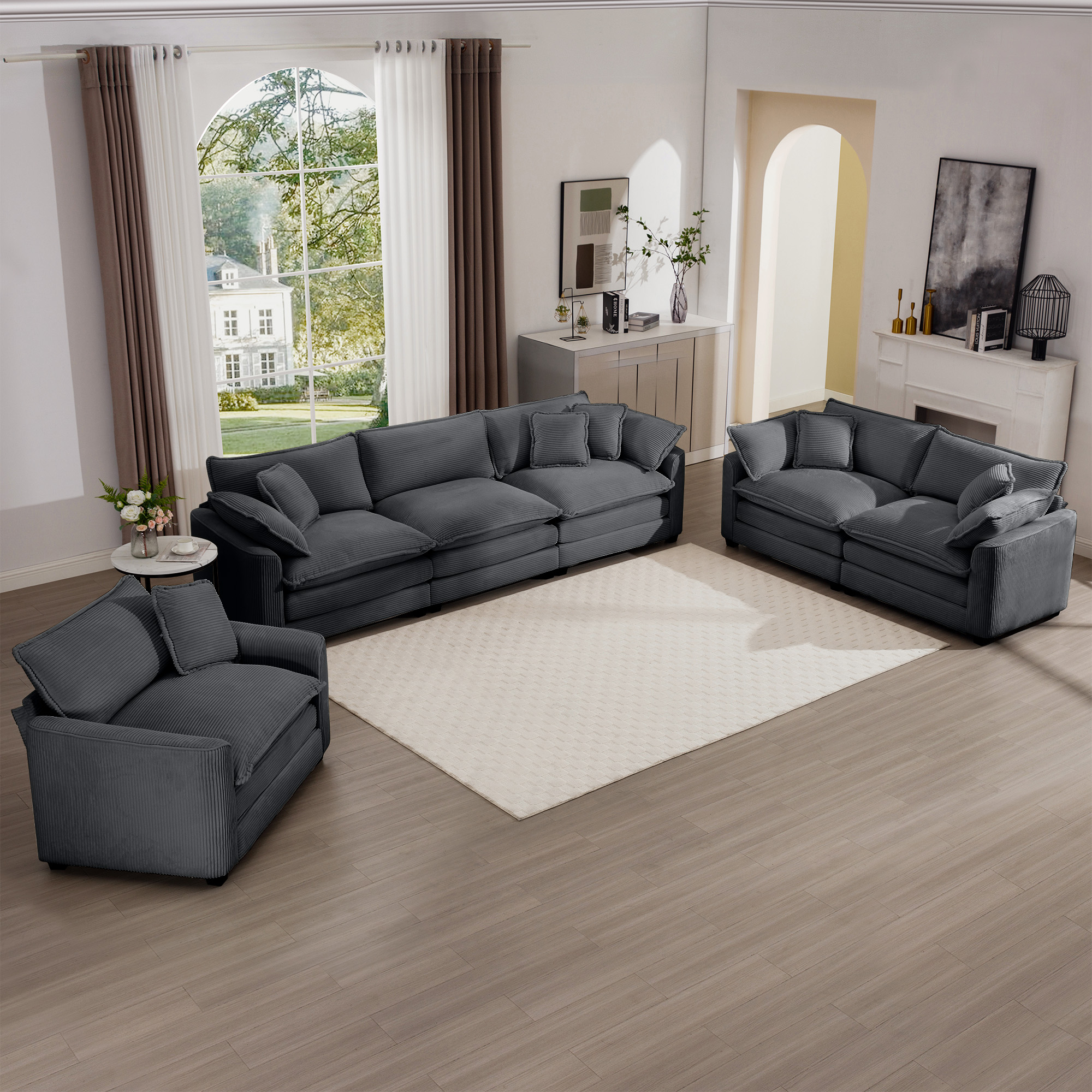 3 Piece Sectional Sofa Oversized Sectional Sofa Comfortable Sectional Sofa , One Single Sectional Sofa, One 2-Seater Sofas, One 3-Seater Sofas Grey Corduroy Deep Seat Sofa