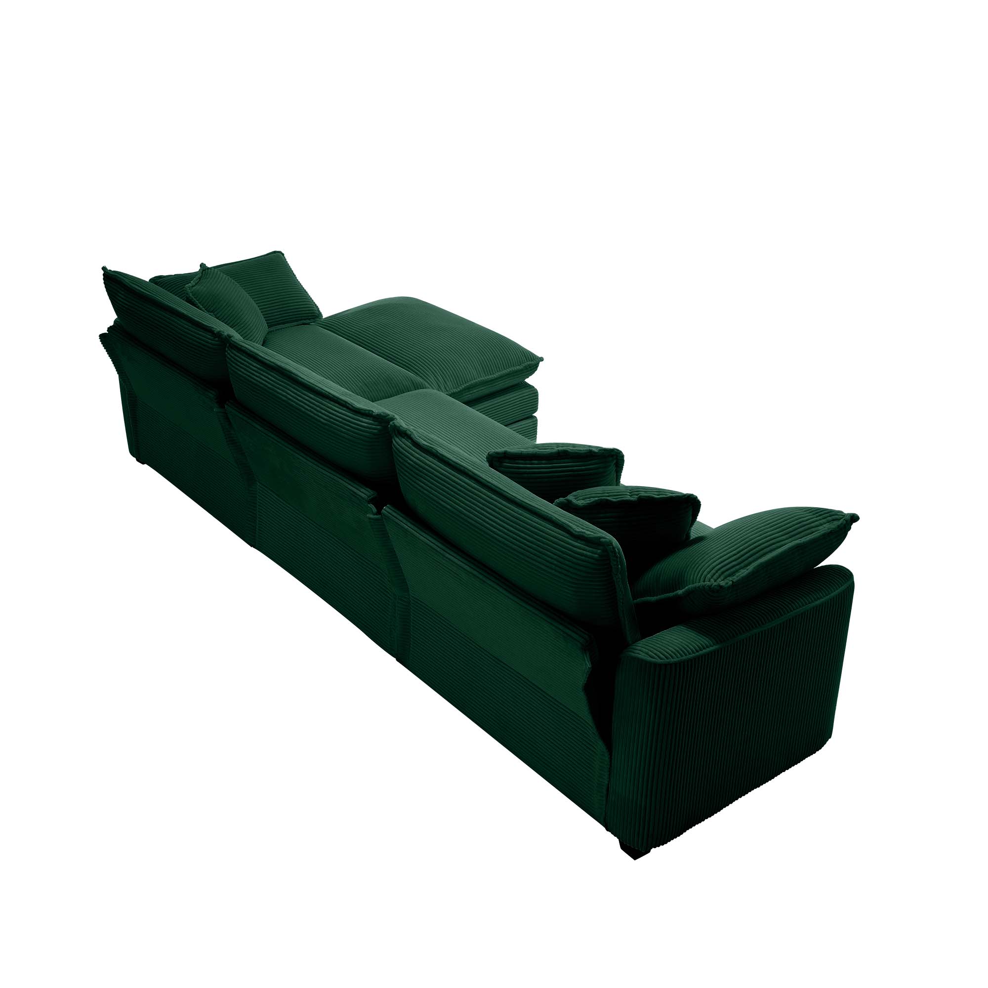 Corduroy 3-seater sofa with 1 footrest, L-shaped double sofa with ottoman for small living rooms, Green corduroy sofa