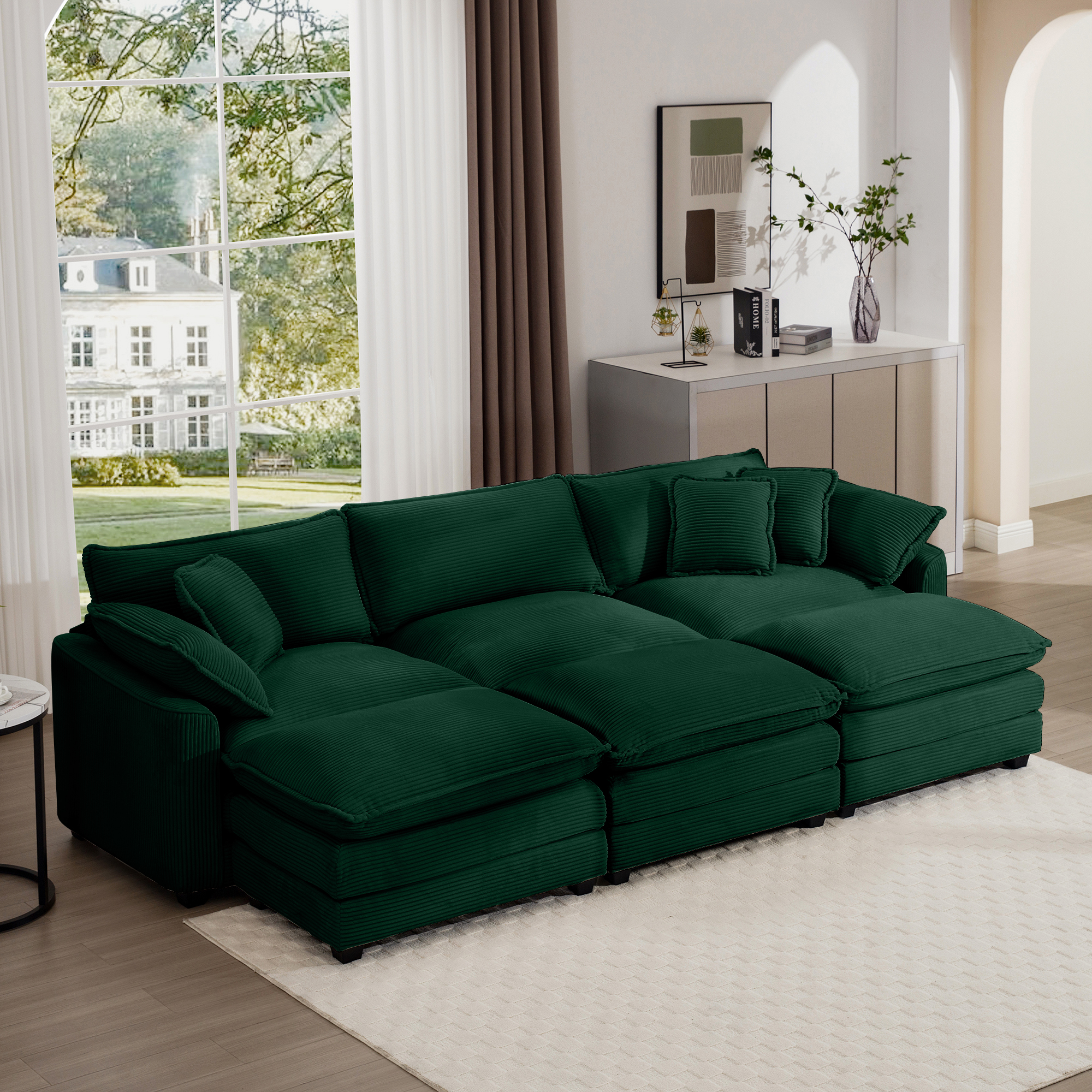 Oversized Modular Cushion Sofa, Portable Ottoman, L-Shaped Corner Low Back Deep Seating Spacious Sofa Setfor Home Apartment Living Room Set, Green Corduroy