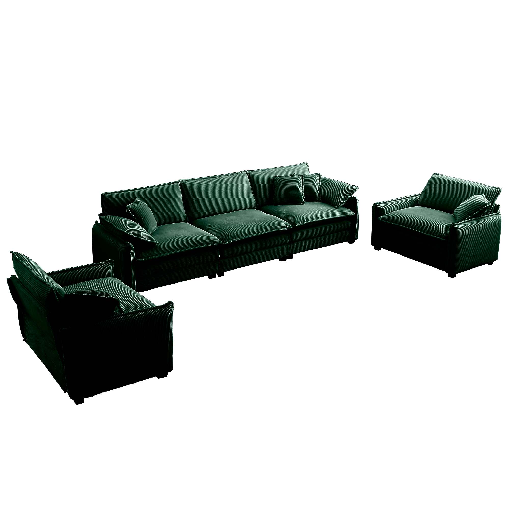 Warm and Cozy Sofa Set with Soft Cushions and Pillows, Home Theater Style Sofa Set Consisting of a 3-Seater Sofa and Two Single Sofas inGreen Corduroy Fabric