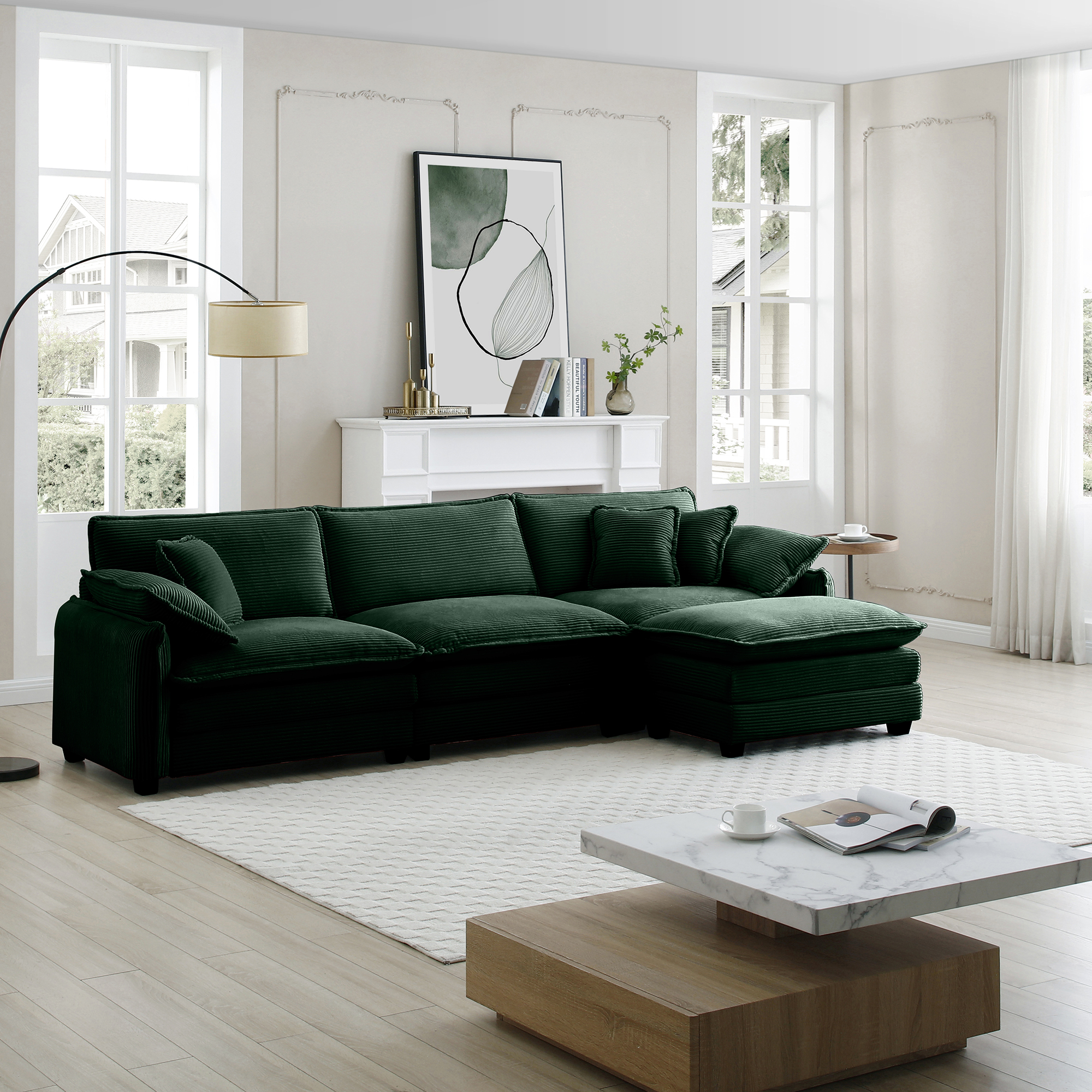 Oversize 3-seater sofa with One footrest, L-shaped Sectional sofa with ottoman for living rooms,Green corduroy sofa