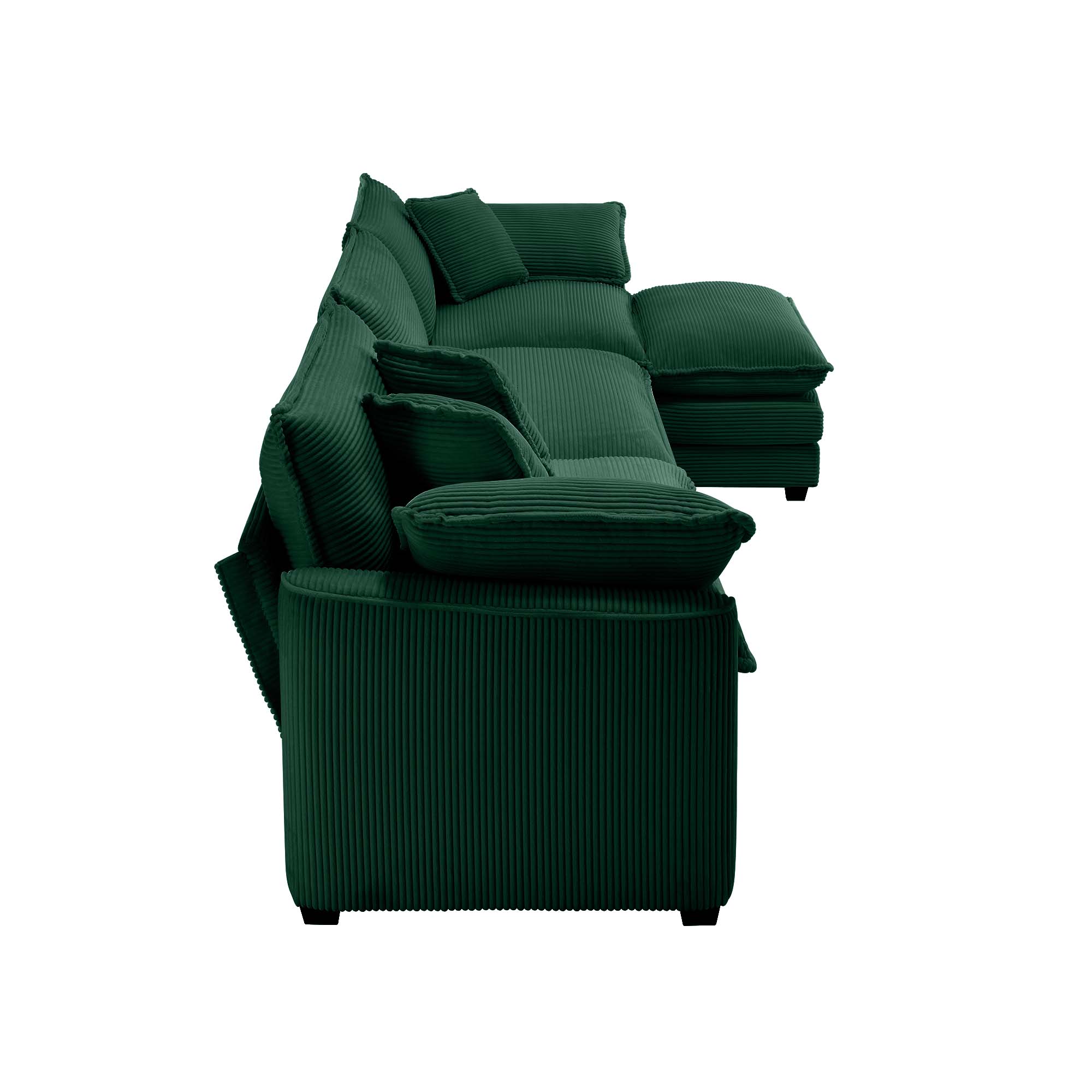 Corduroy 3-seater sofa with 1 footrest, L-shaped double sofa with ottoman for small living rooms, Green corduroy sofa