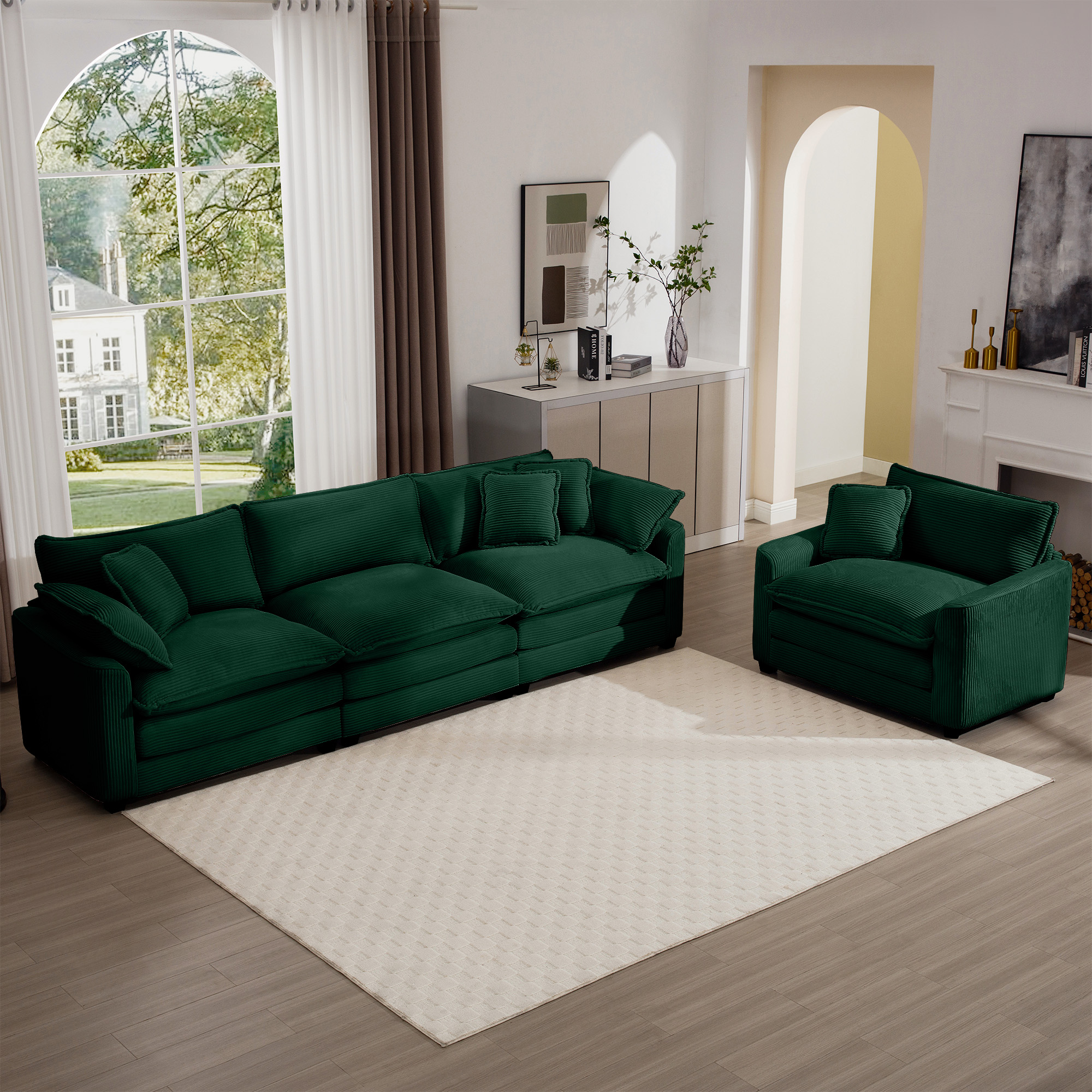 Mid-Century Modern Sectional Set of Two, One 3-Seater Sectional and One Single-Seater Sectional with 2 Arm Pillows and 4 Throw Pillows, Living Room Sectional Green Corduroy Fabric