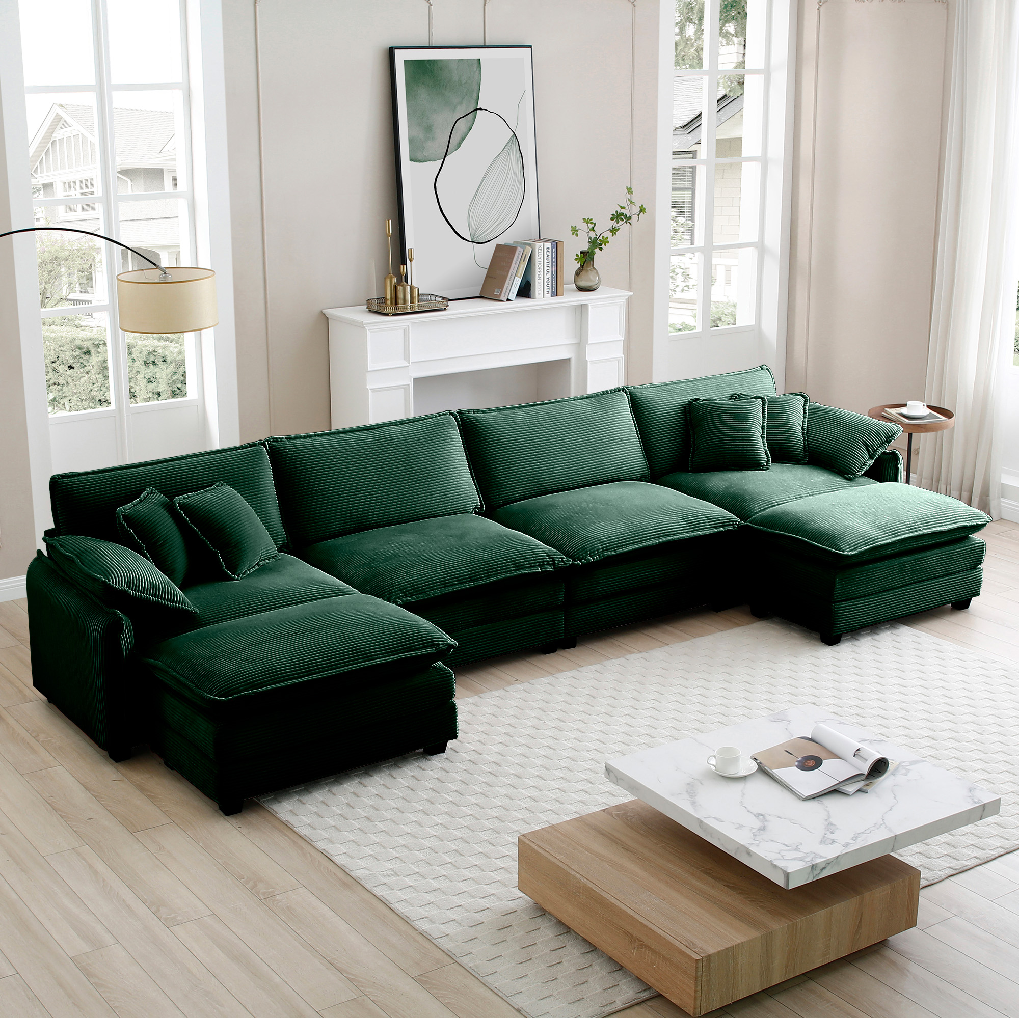 Over size U Shape Corduroy Sofa , Modern Upholstered 4 Seater Sofa with 2  Ottomans,  Premium Soft Corduroy Fabric Sofa