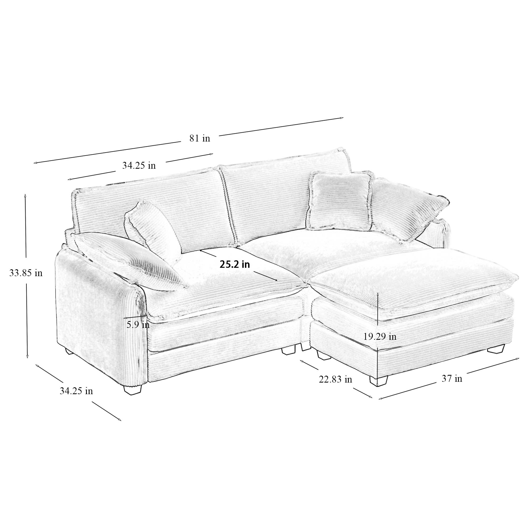 Two-Seater Sofa  with One Footrest, L-Shaped 2-Seater Sofa with Ottoman for Small Living Spaces, Beige Corduroy