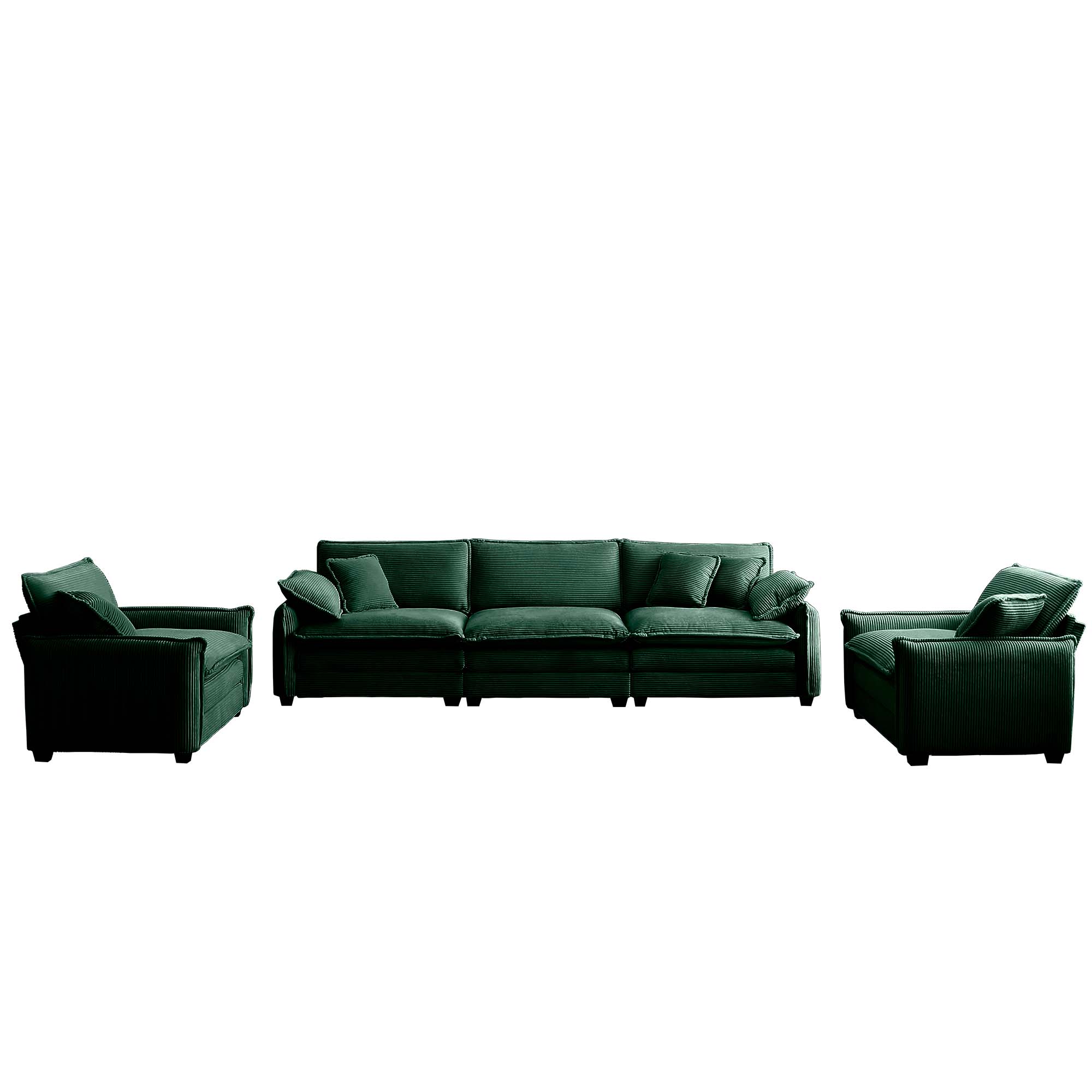 Warm and Cozy Sofa Set with Soft Cushions and Pillows, Home Theater Style Sofa Set Consisting of a 3-Seater Sofa and Two Single Sofas inGreen Corduroy Fabric