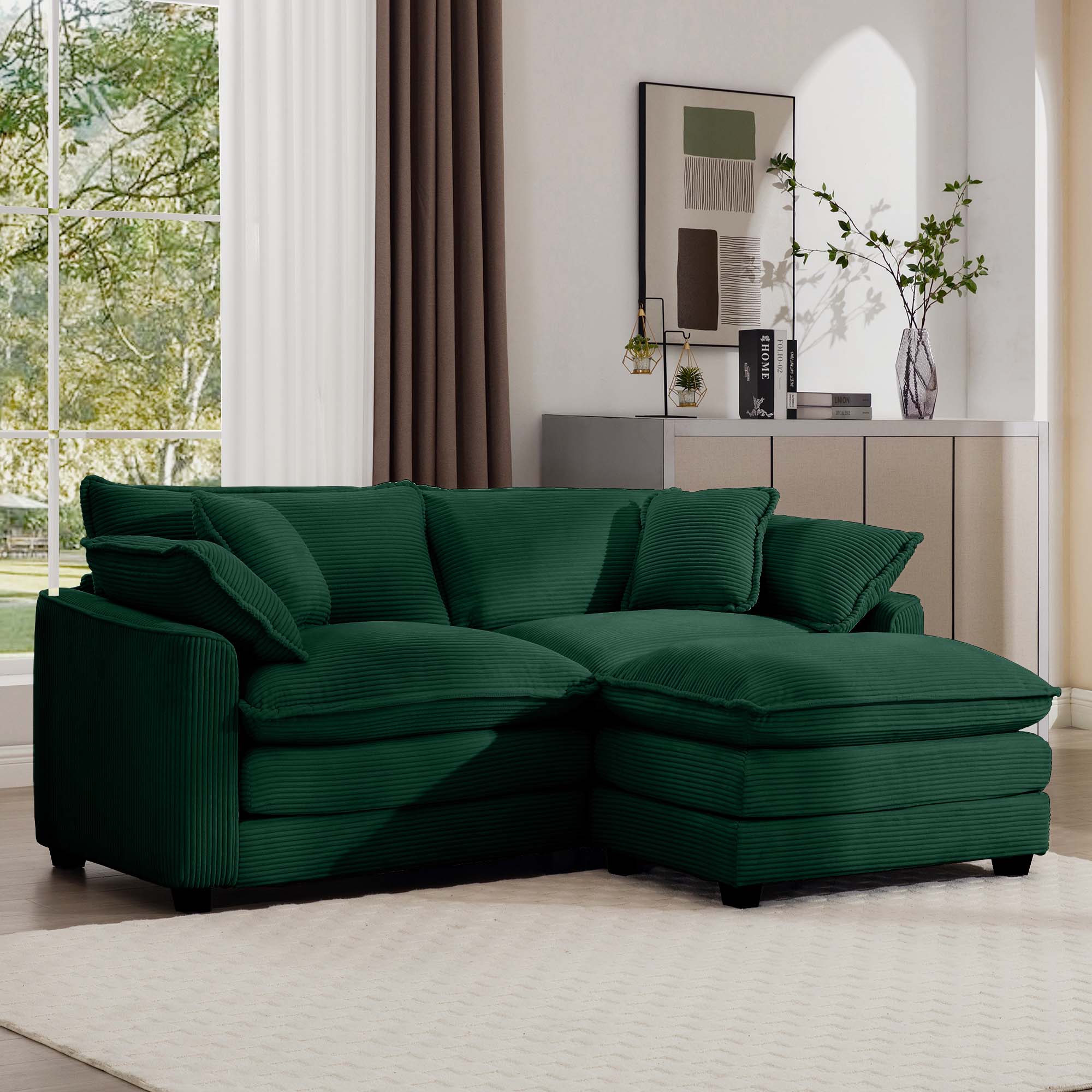 Corduroy Two-Seater Sofa  with 1 Footrest, L-Shaped 2-Seater Sofa with Ottoman for Small Living Spaces, Green Corduroy Sofa