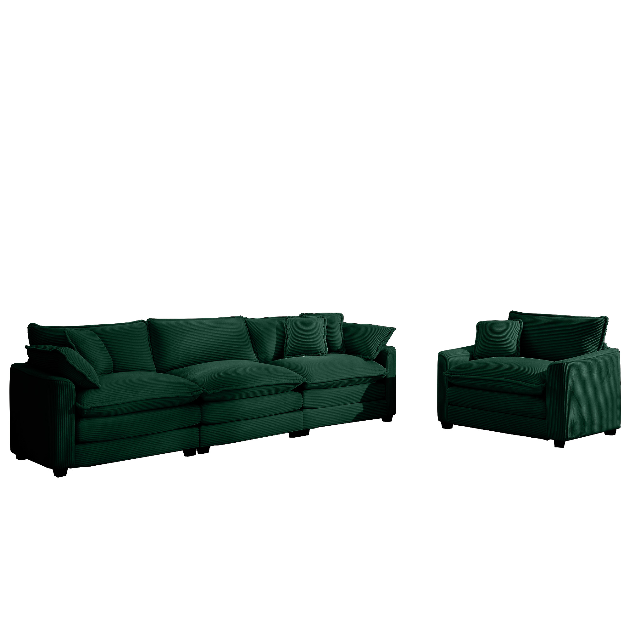 Mid-Century Modern Sectional Set of Two, One 3-Seater Sectional and One Single-Seater Sectional with 2 Arm Pillows and 4 Throw Pillows, Living Room Sectional Green Corduroy Fabric