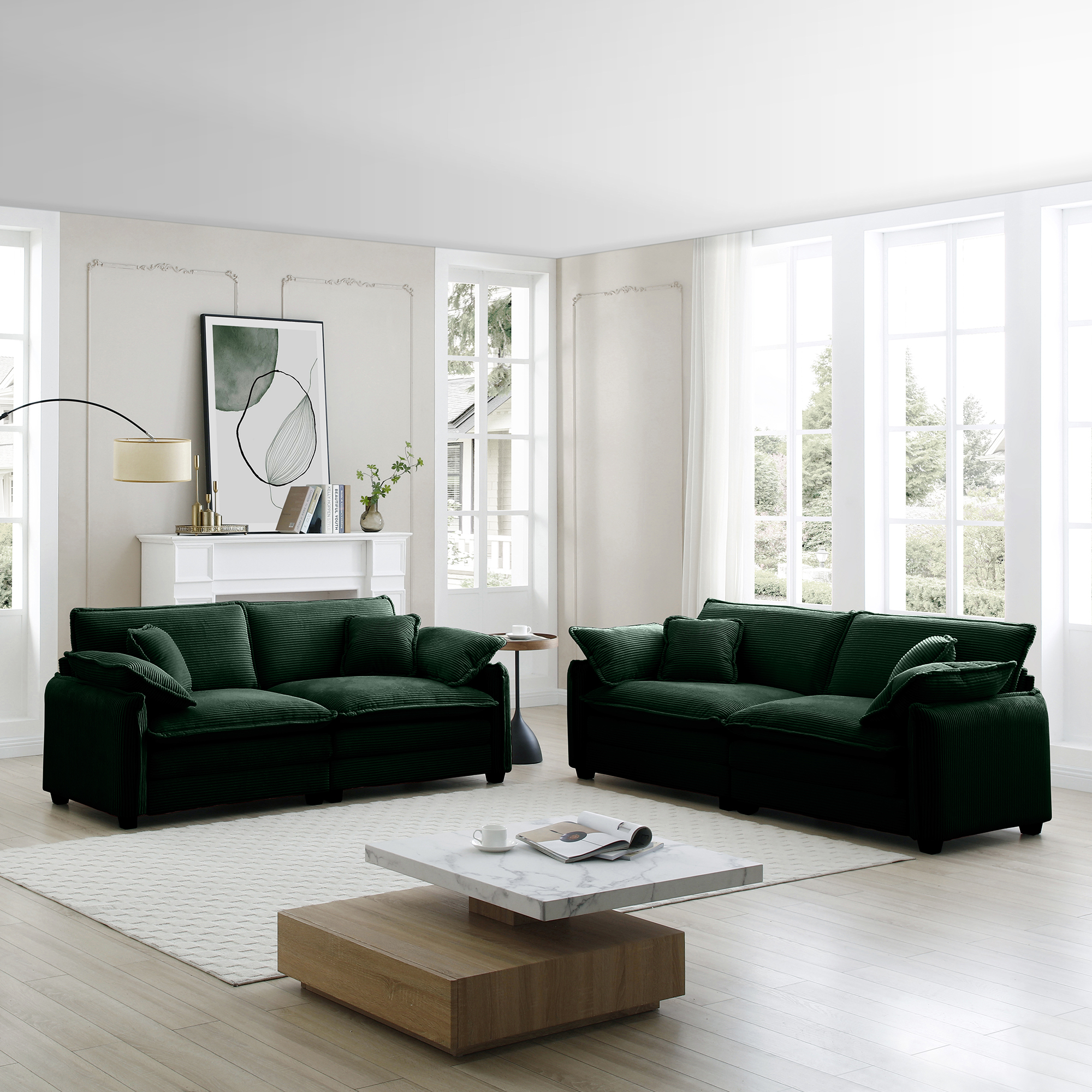 Modern Living Room Sofa Two-Piece Set, Suitable for Living room and Bedroom Sofa Set, Consists of two pieces of 2 Seater Sofa,Green Corduroy