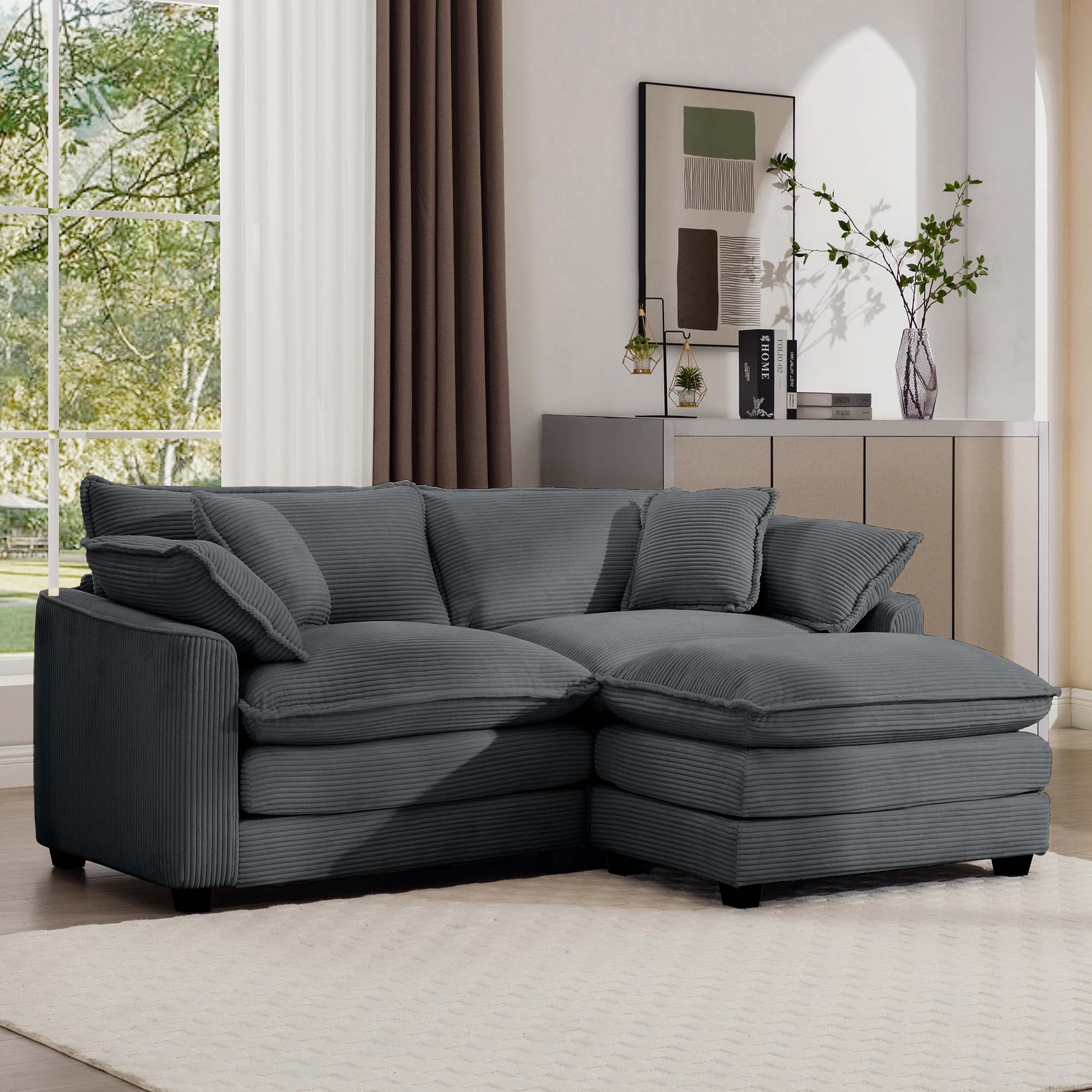 Corduroy Two-Seater Sofa  with 1 Footrest, L-Shaped 2-Seater Sofa with Ottoman for Small Living Spaces, Grey Corduroy Sofa