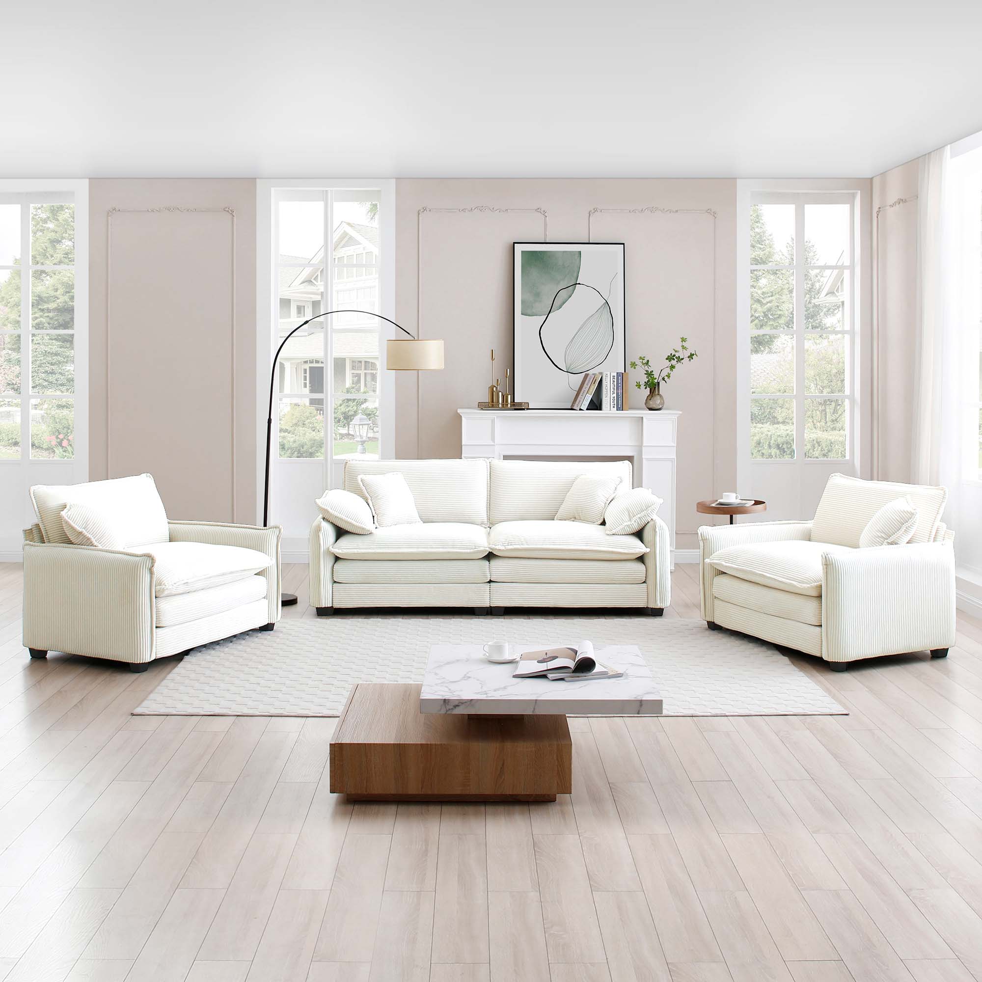 Luxurious and Sophisticated Sofa Set with Soft Cushions and Pillows, Sofa Set for Living Rooms and Clubs as well as Home Theaters, Consisting of Two Single Sofas and a 2-Seaters  Sofas in Beige Cordur