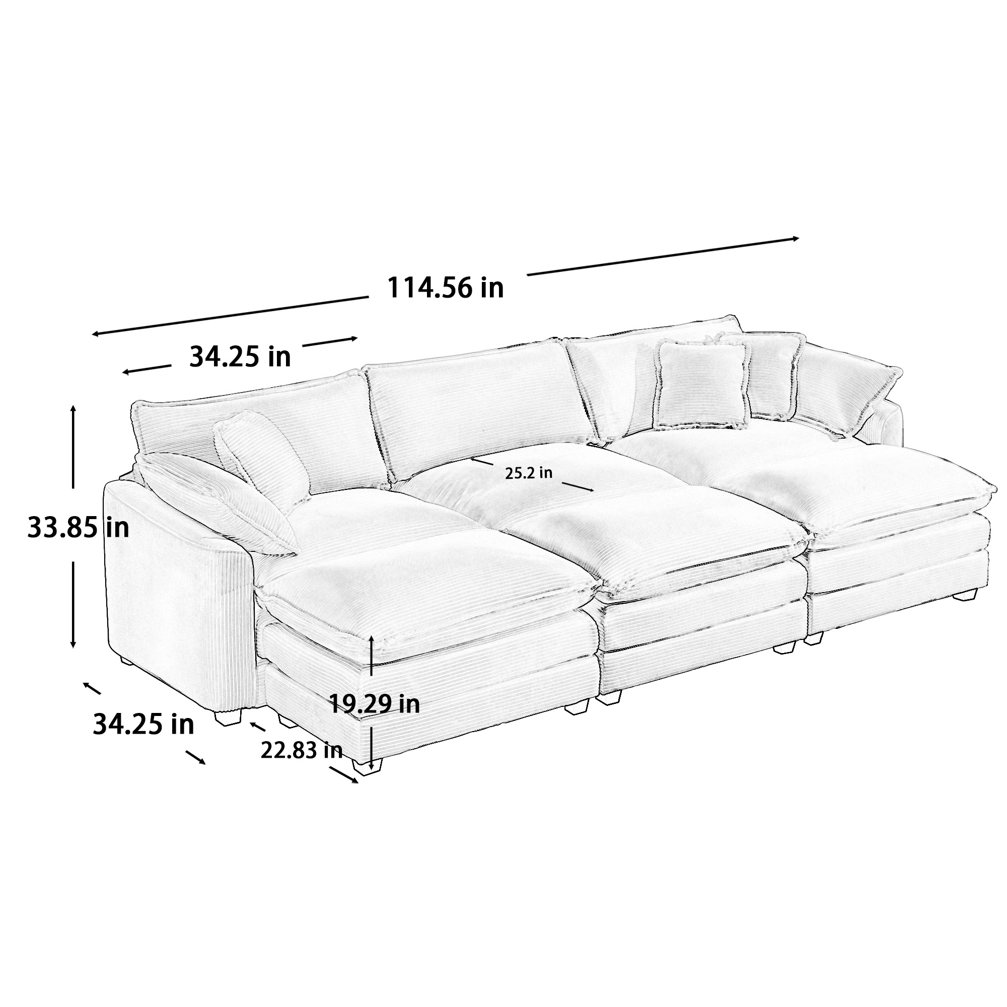 Oversized Modular Cushion Sofa, Portable Ottoman, L-Shaped Corner Low Back Deep Seating Spacious Sofa Setfor Home Apartment Living Room Set, Grey Corduroy